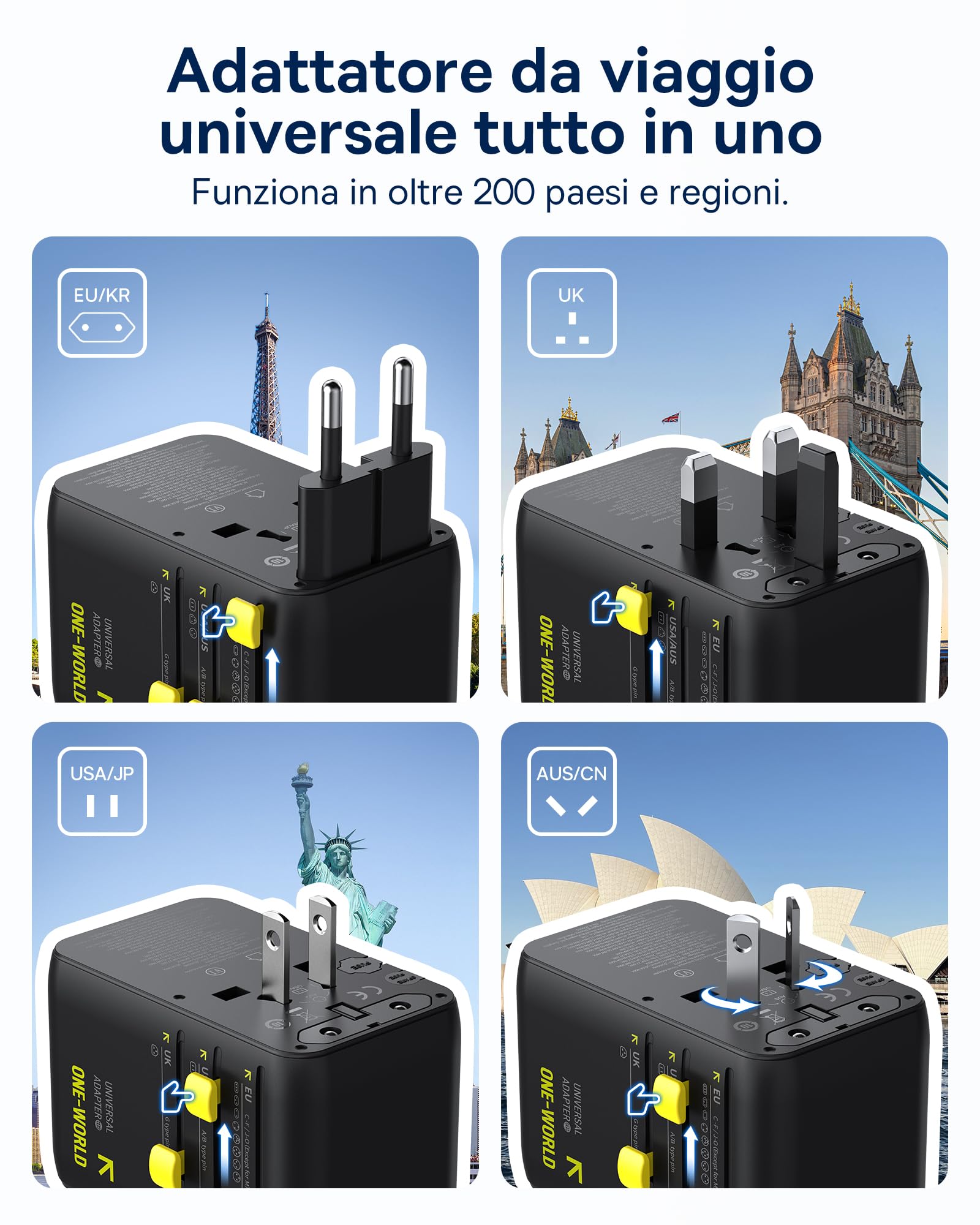 Baseus Enercore Adattatore da Viaggio Universale 70W con Cavo Estraibile, Spina Universale con 2AC + 2USB A + USB C, Adattatore Internazionale per USA, Regno Unito, Giappone, Thailandia, Australia