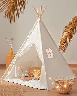 TinyLand Kids Teepee Tent - 100% Cotton Play Tent with Padded Mat, Fairy Star Lights, Carry Bag - Indoor Fort for Boys & Girls Ages 1-12