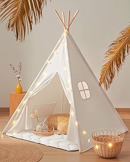 Tiny Land Teepee Tent with Padded Mat, Light String & Carry Case - Kids Foldable Play Tent for Indoor Outdoor, Raw White Canvas - Playhouse - Portable