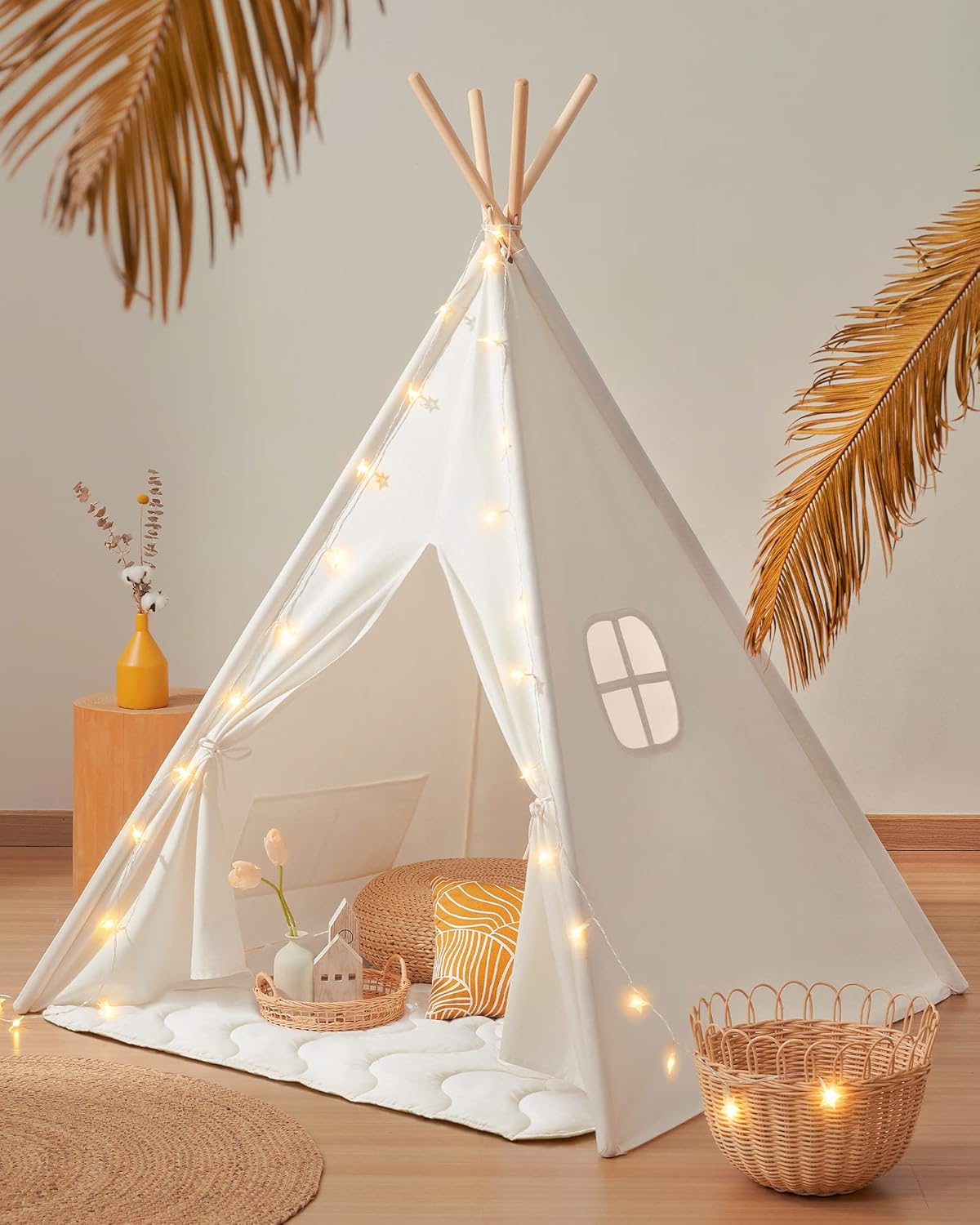 Tiny Land Teepee Tent for Kids 100 Cotton Play Tent with Padded Mat Star Lights Foldable with Carry