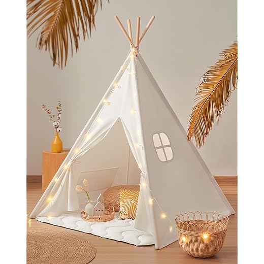 Tiny Land Kids Teepee Tent-Toys for 3,4,5,6 Year Old Girls-Kids Foldable Play Tent with Mat & Light String & Carry Case, White Canvas Teepee Indoor Outdoor Games-Kids Playhouse-Kids Tent