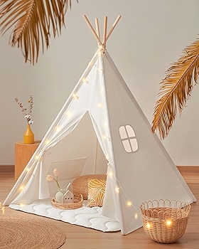 Tiny Land 100% Cotton Kids Teepee Tent with Mat and Light String