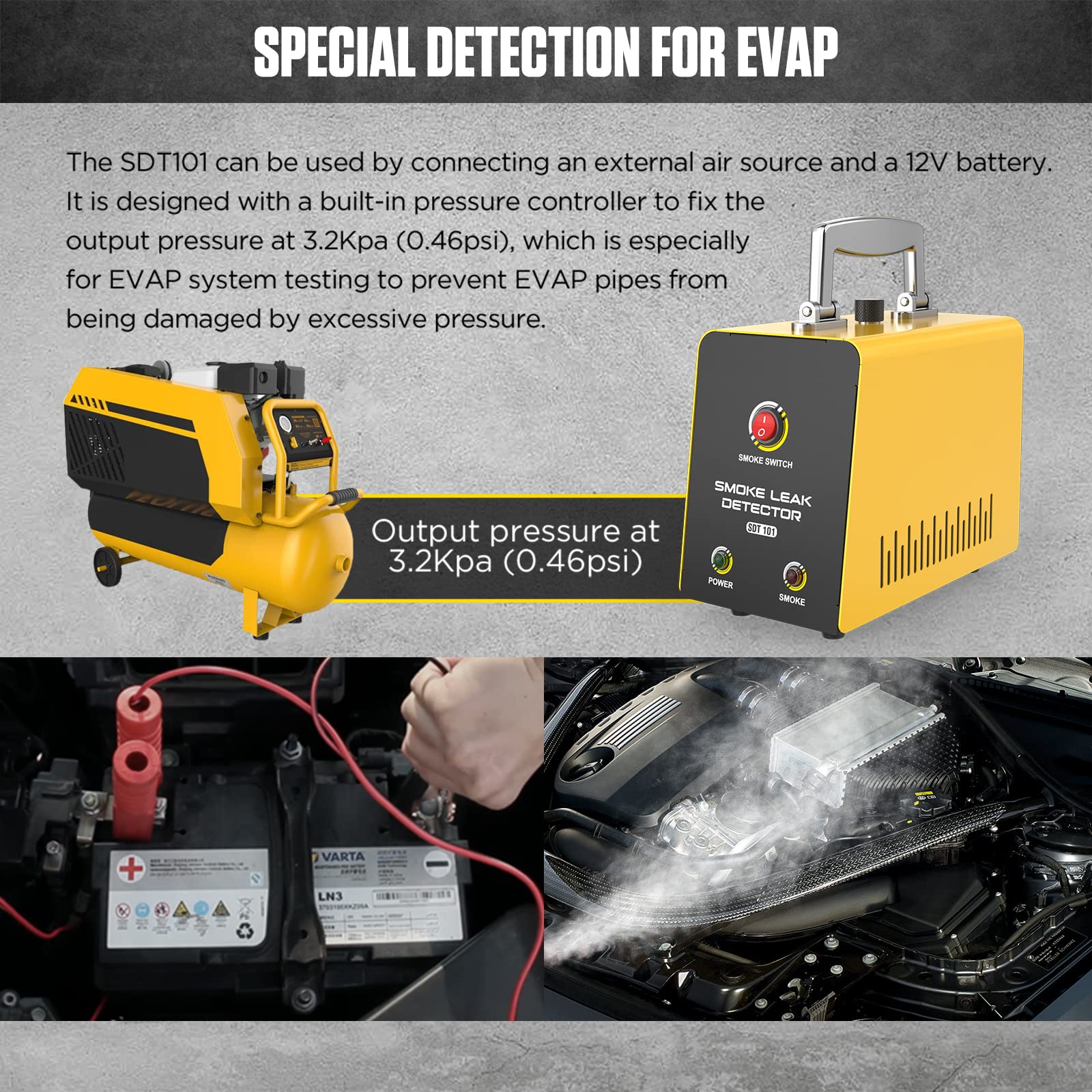 Localizador de Detector de Fugas de Humo SDT101 EVAP Detectores de Fugas de Combustible Máquina de Humo Probador de Fugas de Tubos de automóviles para 12V Todos los vehículos