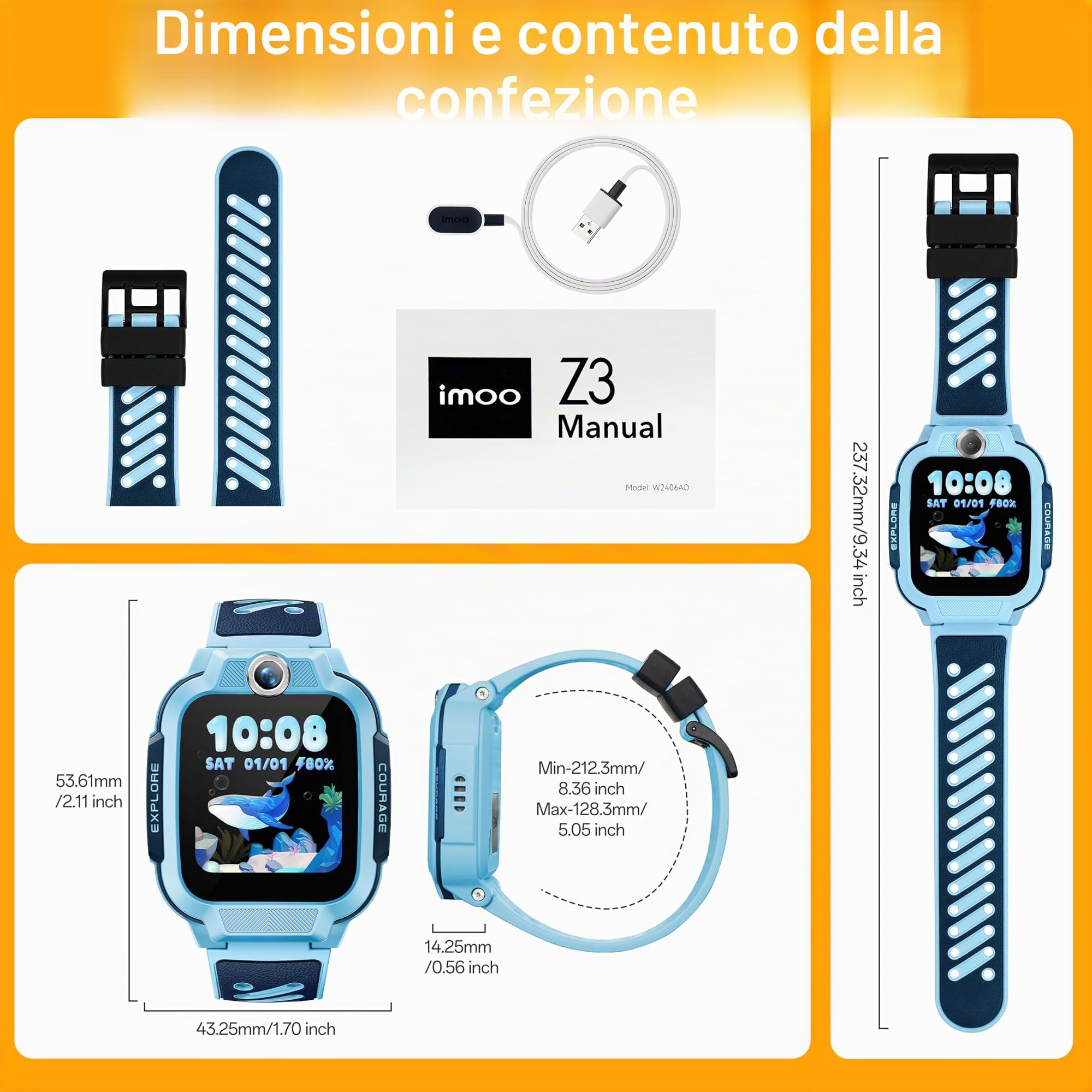 imoo Z3 Smartwatch per Bambini, Videochiamate, GPS, SIM, SOS, IPX8 | Videochiamate HD, VoLTE, Chat, Localizzazione GPS, Supporto SIM, SOS Emergenza, Impermeabile IPX8, Fotocamera, Modo Scuola