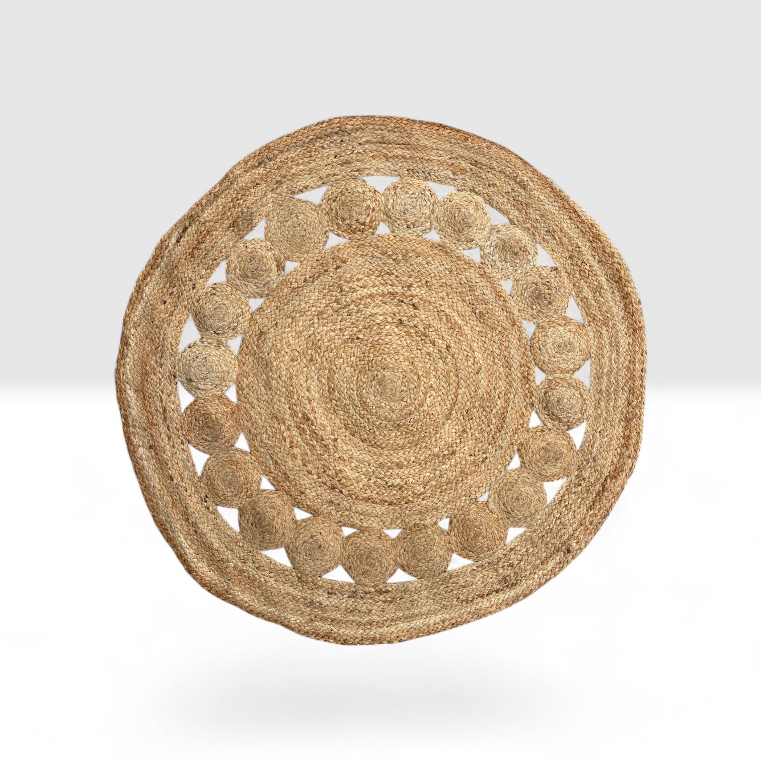 Tappeto Rotondo in Juta Naturale 100%, Intrecciato e Stile Boho Nordico per Soggiorno Camera Ingresso Patio Veranda (Ricamo, cm_110_diamentro)
