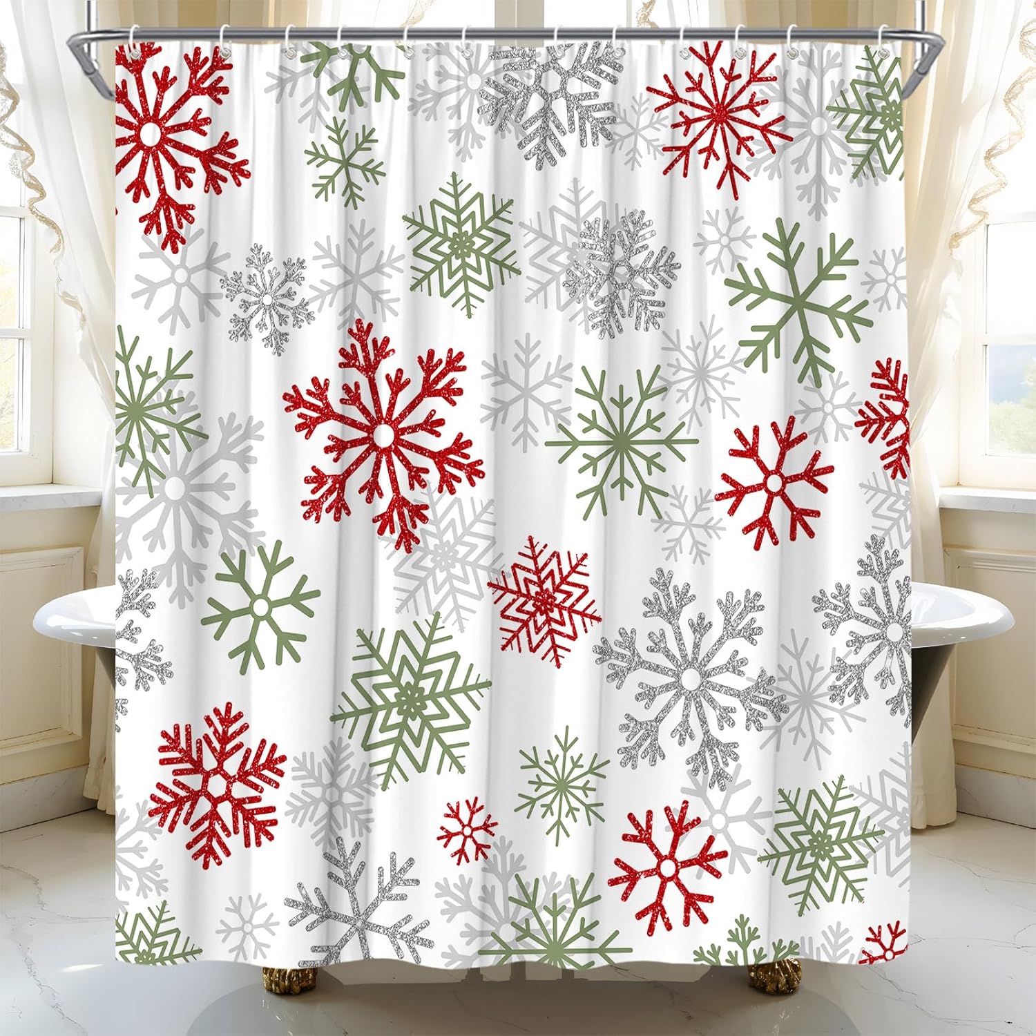 Red Snowflake Shower Curtain Sage Green Christmas Modern Winter Holiday Happy New Year Fabric Bathroom Home Decor with Hooks(70" Wx84 H)