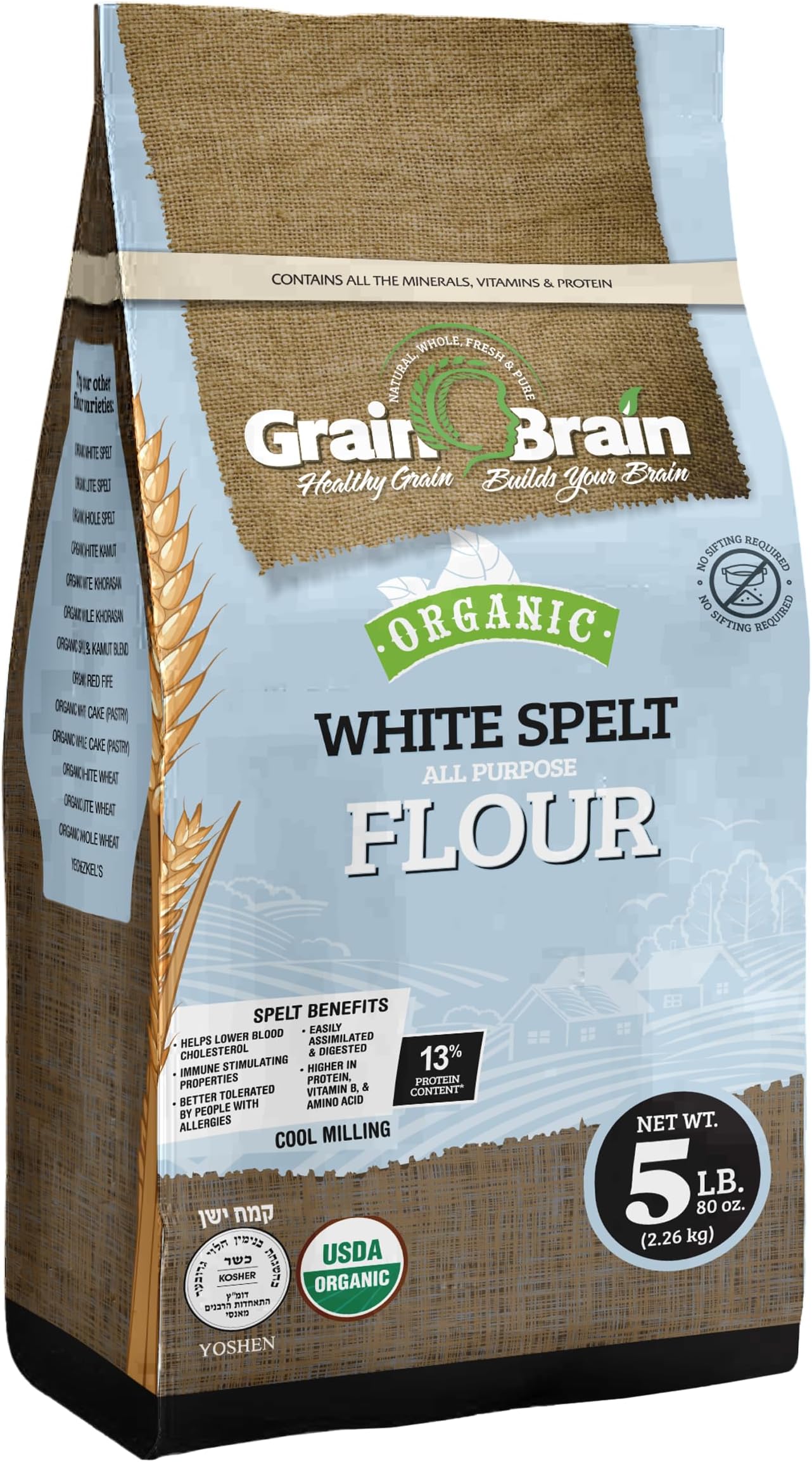 Grain Brain Organic White Spelt Flour (5 LB) All Purpose Flour