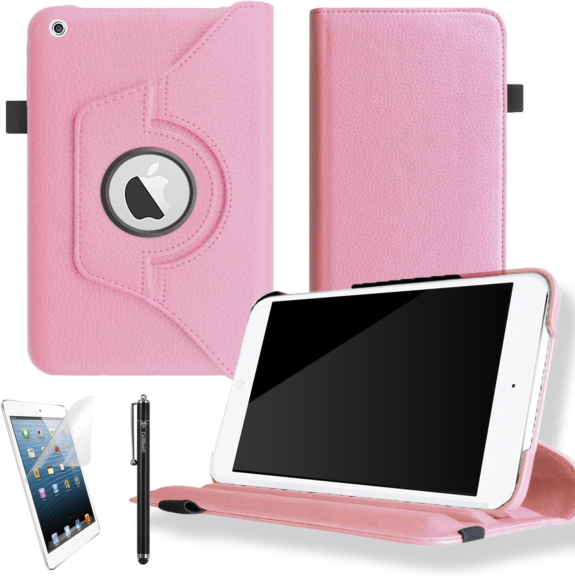 CellBee® Leather 360 Rotating Case Cover for Apple iPad 2/3 / 4 Generation Retina Tablet Auto Sleep/Wake Function with FREE Screen Protector and Stylus (Pink)