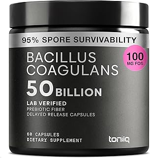 Toniiq Bacillus Coagulans Probiotic Supplement – Ultra High Strength 50 Billion CFU with FOS Prebiotic – Spore-Based Probiotic for Exceptional Stability – Third-Party Tested – 60 Capsules