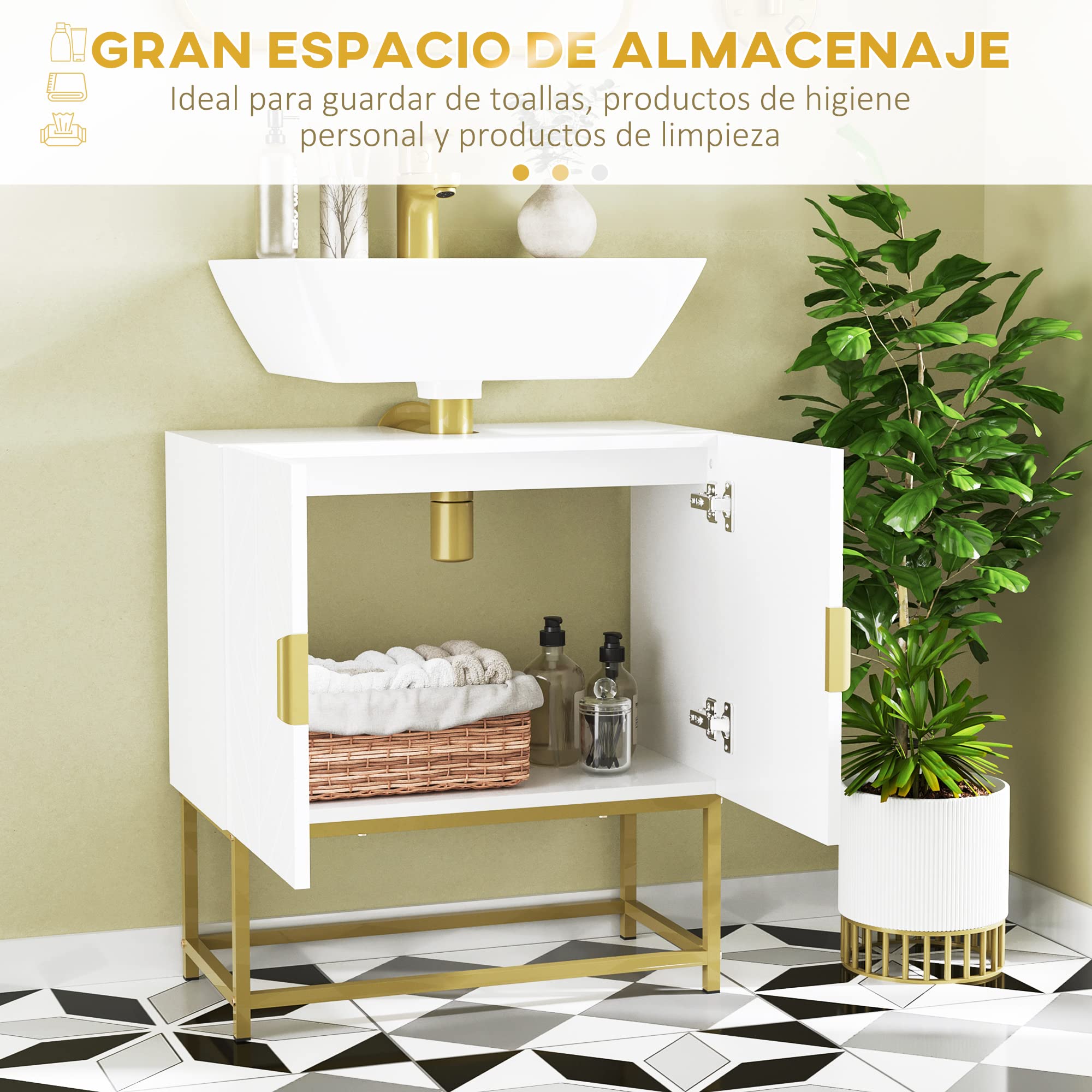 kleankin Conjunto de Baño Juego de Mueble para Debajo del Lavabo con Patas de Acero y Espejo de Baño con Luz LED Interruptor Táctil 60x30x65 cm Ø60x4 cm Blanco y Dorado