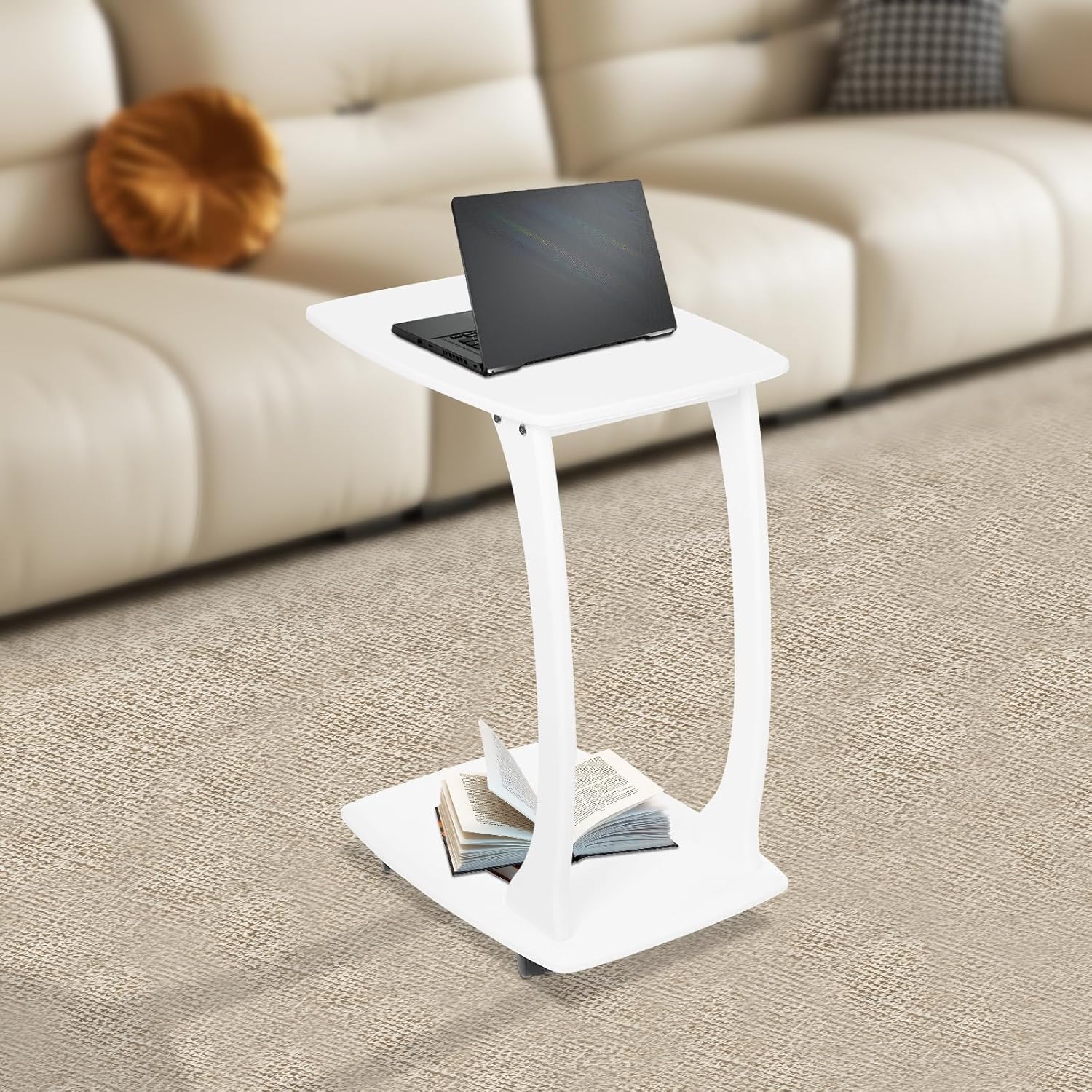 Solid Wood End Table with Rolling Wheels, C Shaped Side Table, TV Tray Table Small Accent Table, Couch Table That Slide Under for Small Space, Living Room, Bedroom or Office (White)