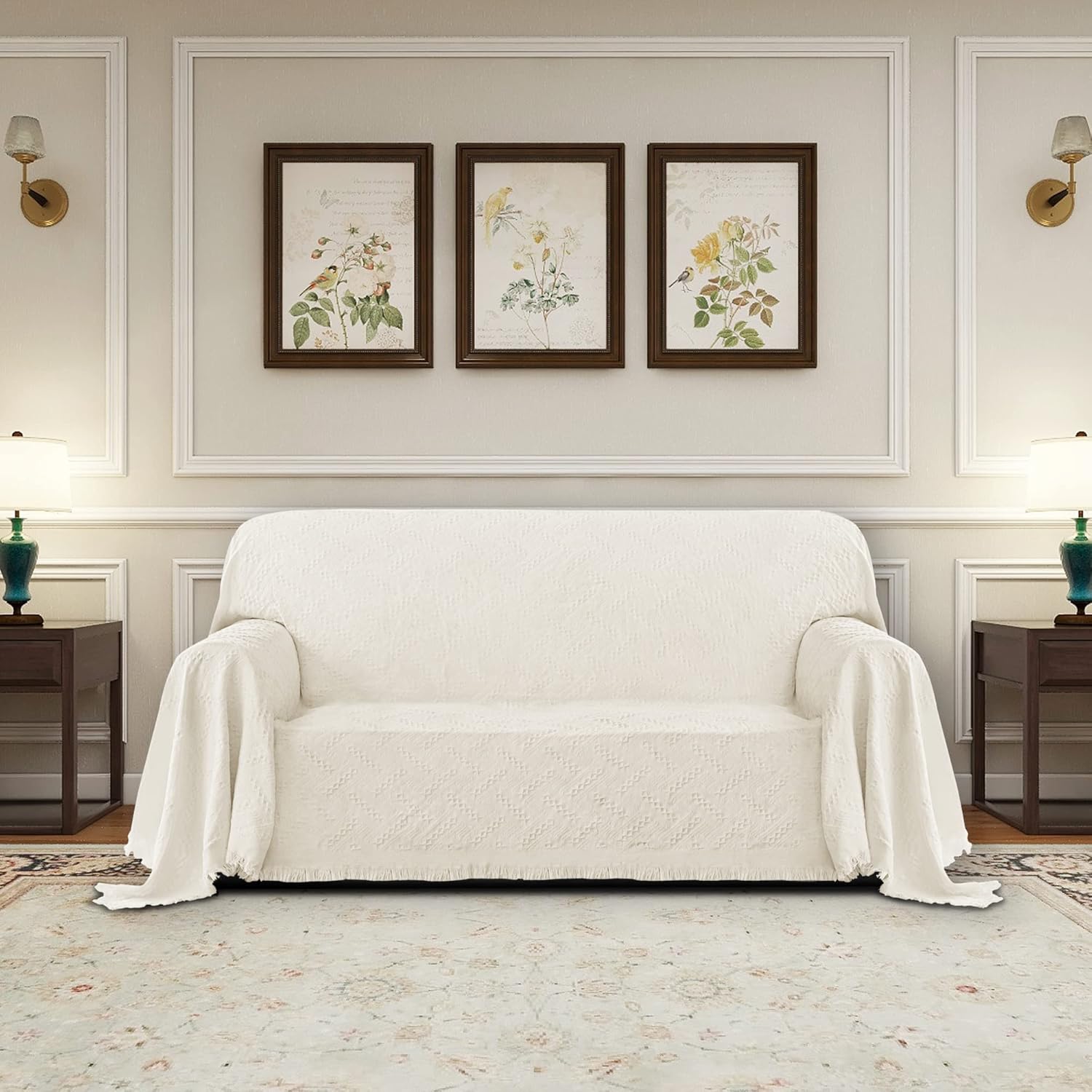 PureFit Geometric Jacquard Throw Sofa Cover - Textured Soft Washable Decorative Couch Covers for 3 Cushion Couch, Throw Cover with Tassels Furniture Protector for Pets, Kids (Medium, Ivory)