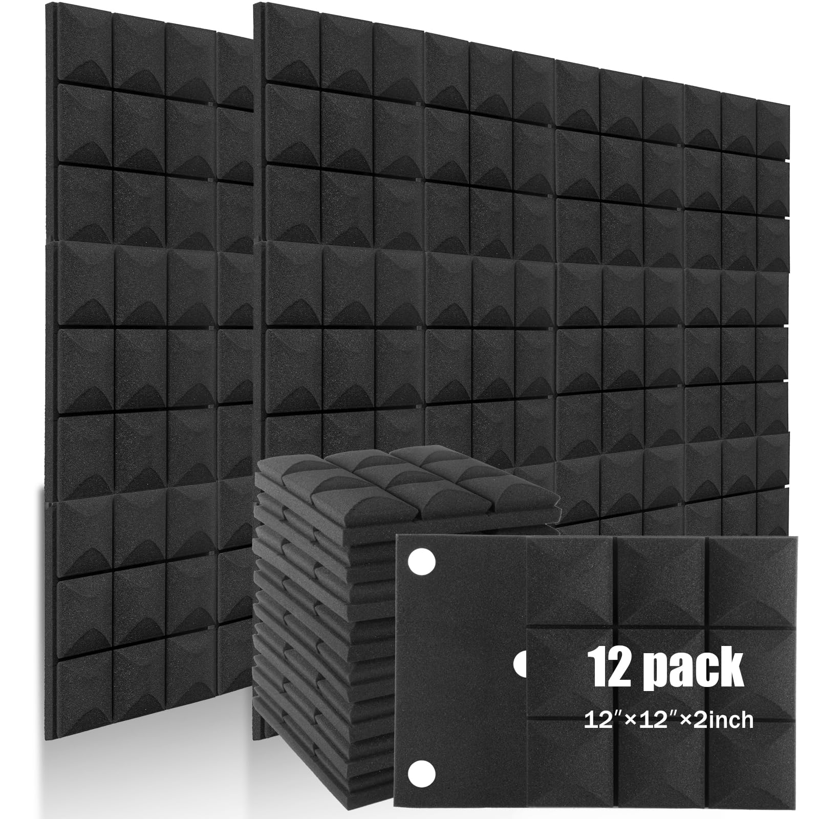 12 Pack Black 2'' X 12" X 12"Acoustic Foam Panels, Mushroom Studio Wedge Tiles, Sound Panels Sound Proof Foam Panels Sound Proofing Padding For Wall (12Pack, Black)