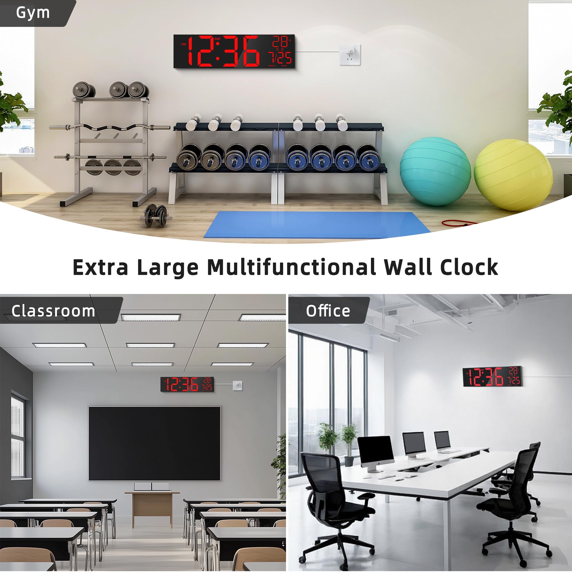 MAXSTAR 30 "Reloj de pared digital extra grande con pantalla LED roja/azul/blanca y control remoto, alarmas duales,temporizador,DST,temperatura, luz nocturna para sala de estar/oficina/tienda/gimnasio