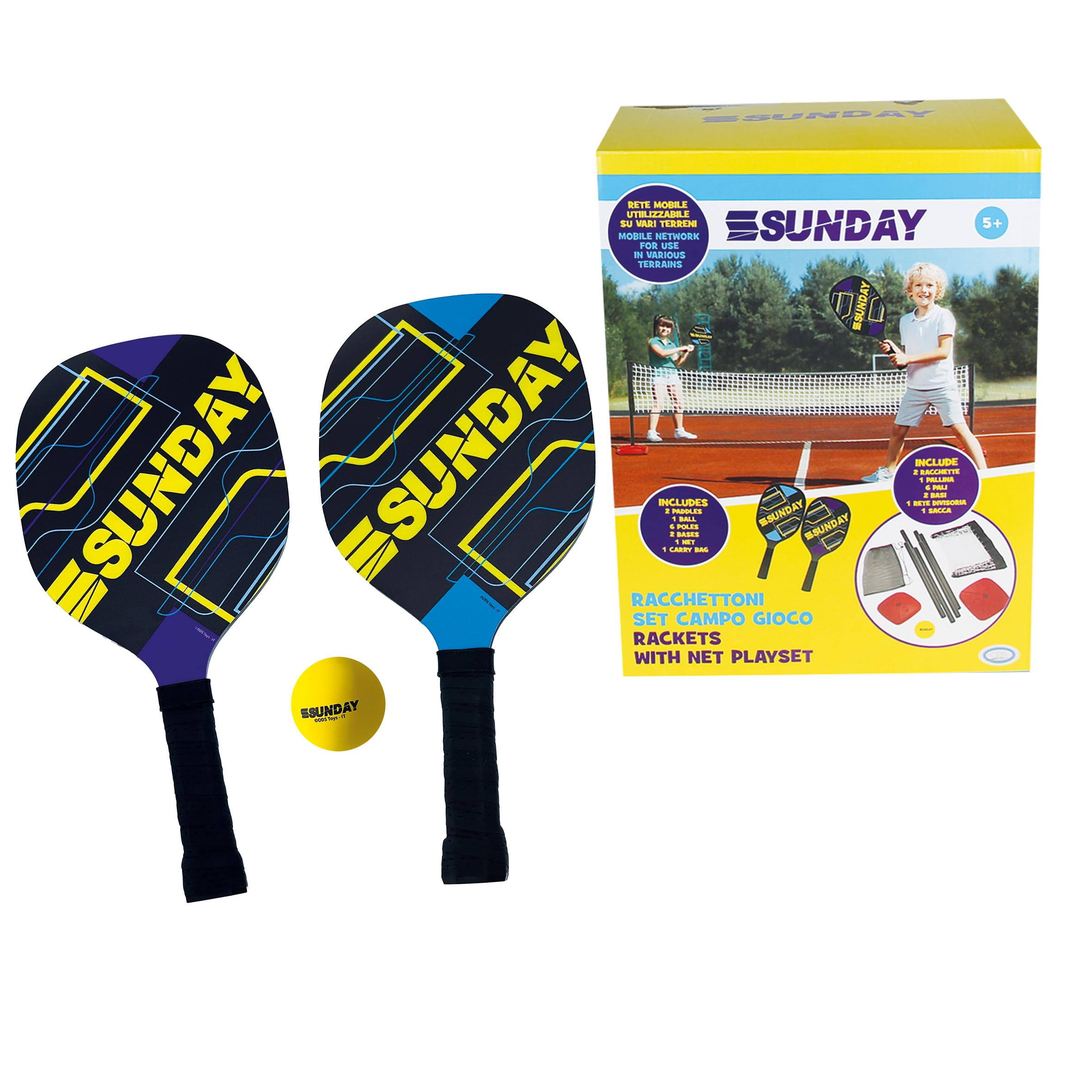 ODS - Sunday, Racchettoni Set Campo Gioco per Giocare in Coppia, con Set Racchette, Pallina di Gomma, Rete Divisoria e Borsa Trasporto, Età Consigliata 5+ Anni