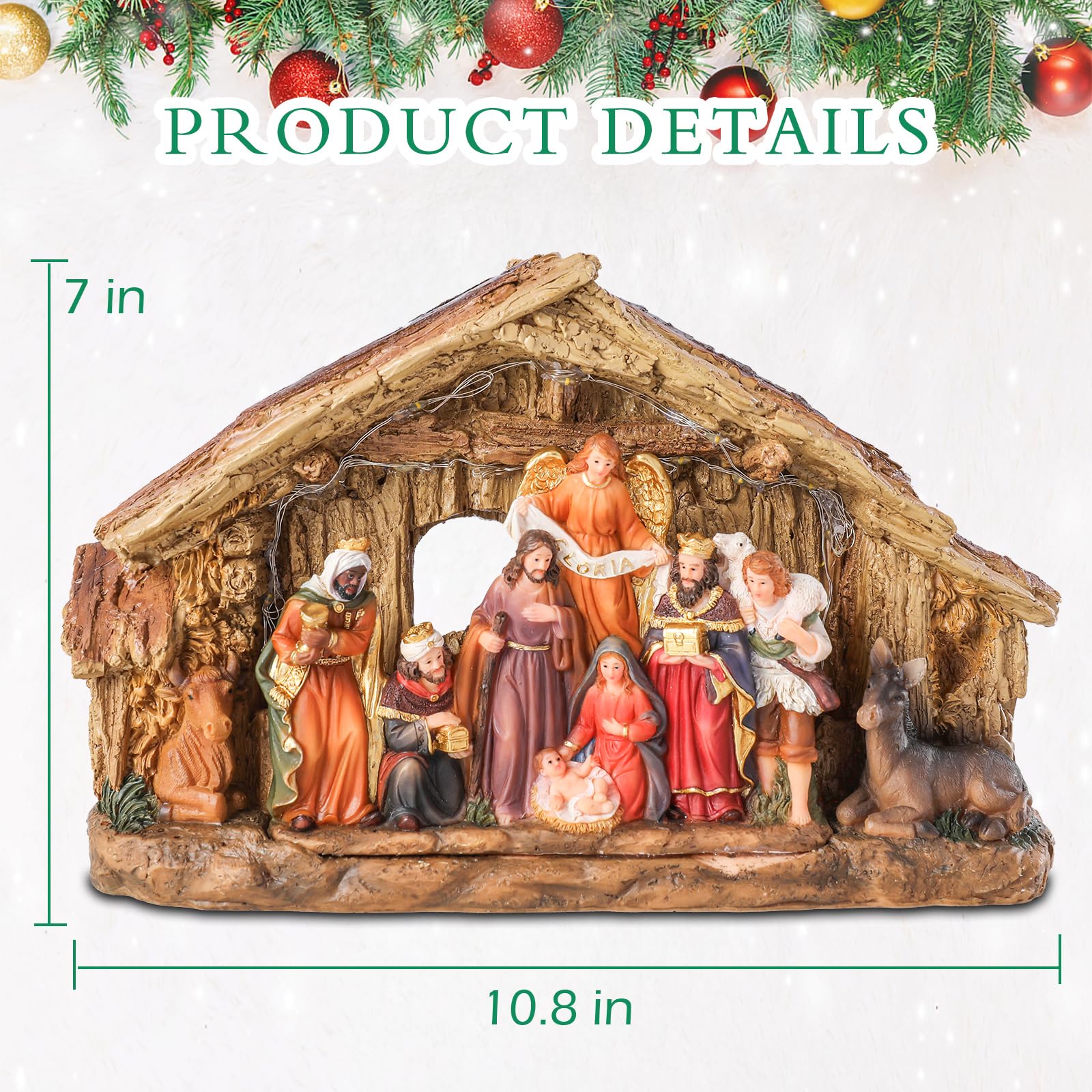 Bdor Crèche de Noël - Décoration de Noël - 29 x 8,9 x 17,8 cm - Affichage lumineux de la naissance de Jésus - Décoration de table de Noël - Scène électrique avec lumières LED