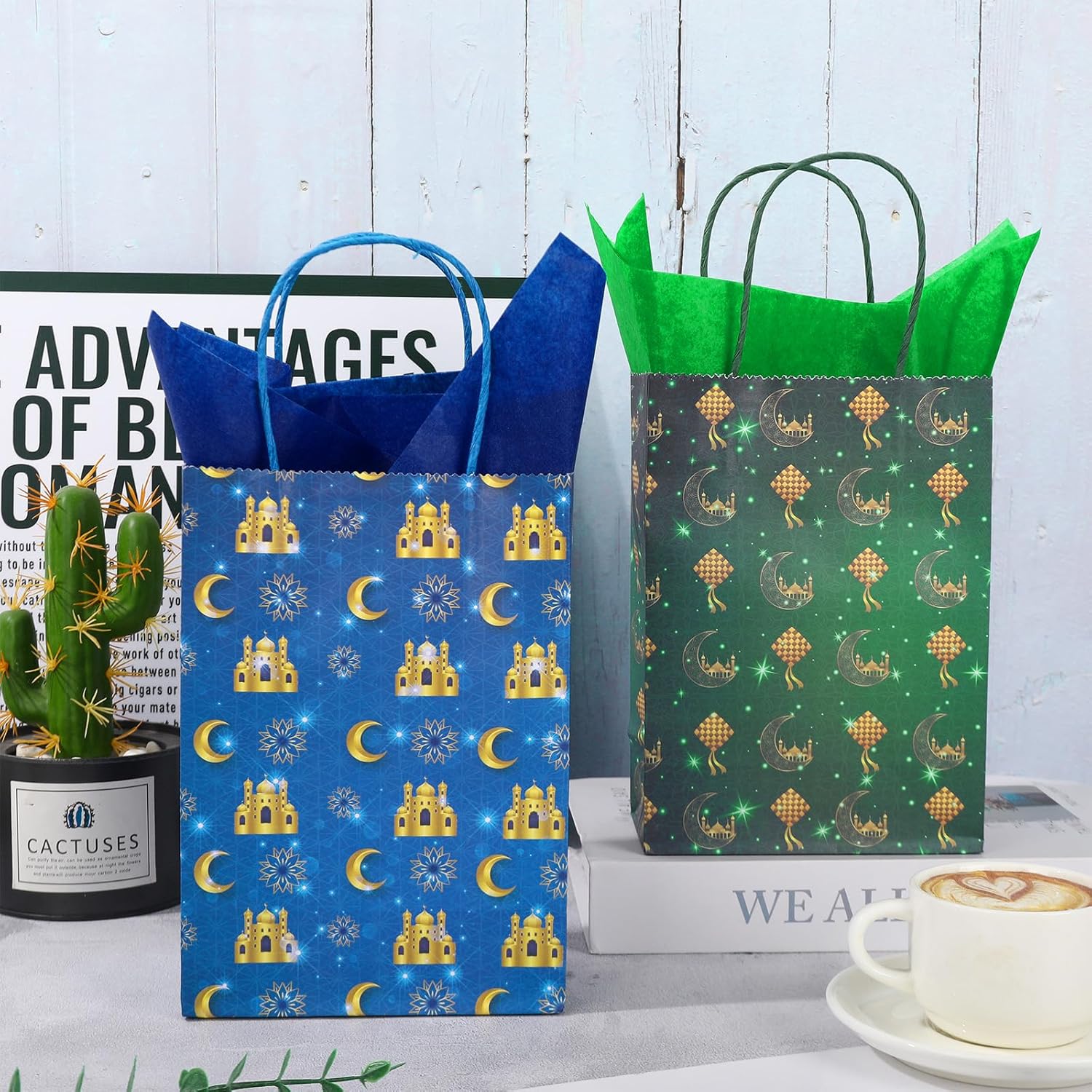 FYSUIMU 16Pcs Eid Mubarak Paper Bags with 20 Sheets Tissue Paper Gold Mosque Moon Star Treat Bags with Handles Candy Goodie Bags for Ramadan Muslim Party Favors Supplies - Image 4