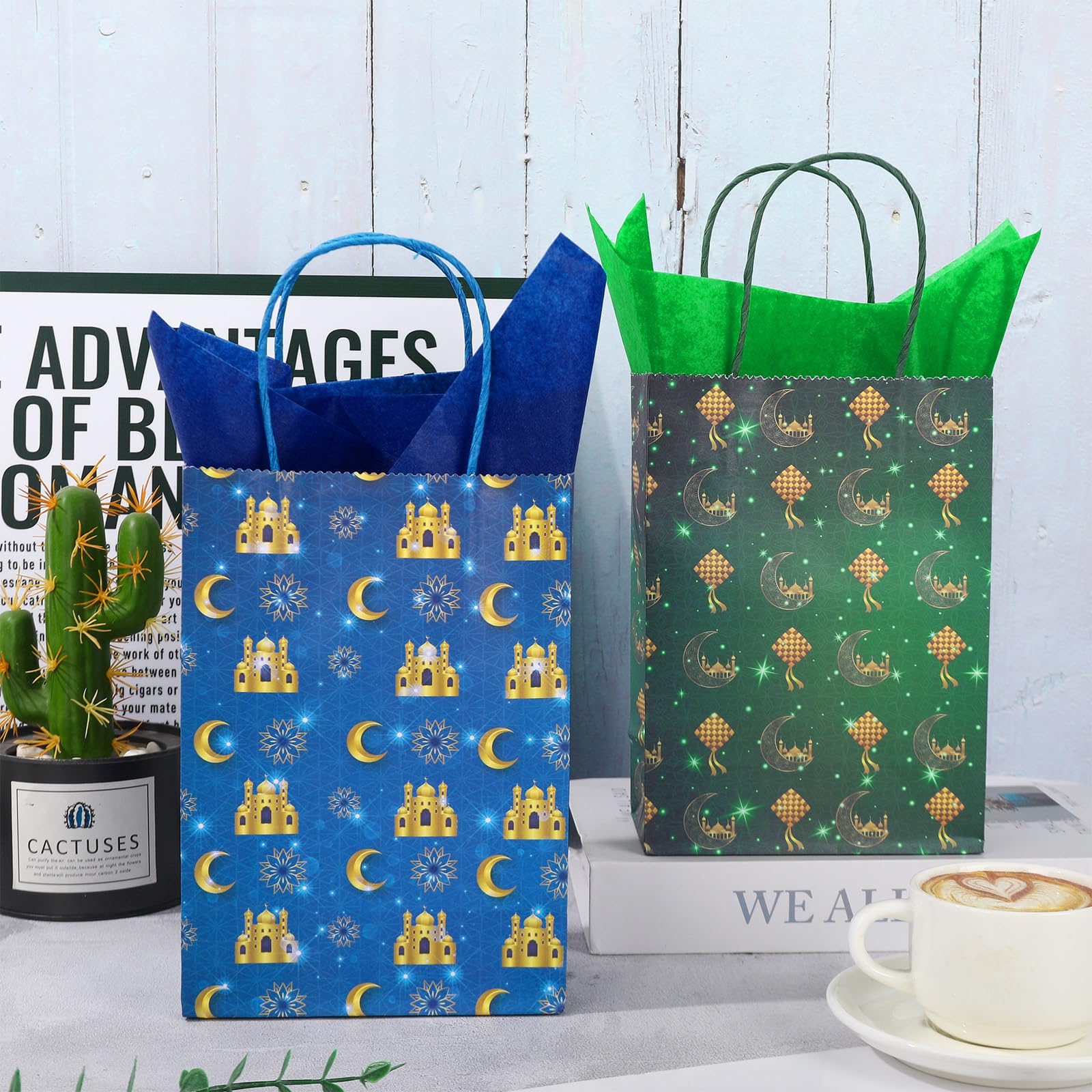 FYSUIMU 16Pcs Eid Mubarak Paper Bags with 20 Sheets Tissue Paper Gold Mosque Moon Star Treat Bags with Handles Candy Goodie Bags for Ramadan Muslim Party Favors Supplies