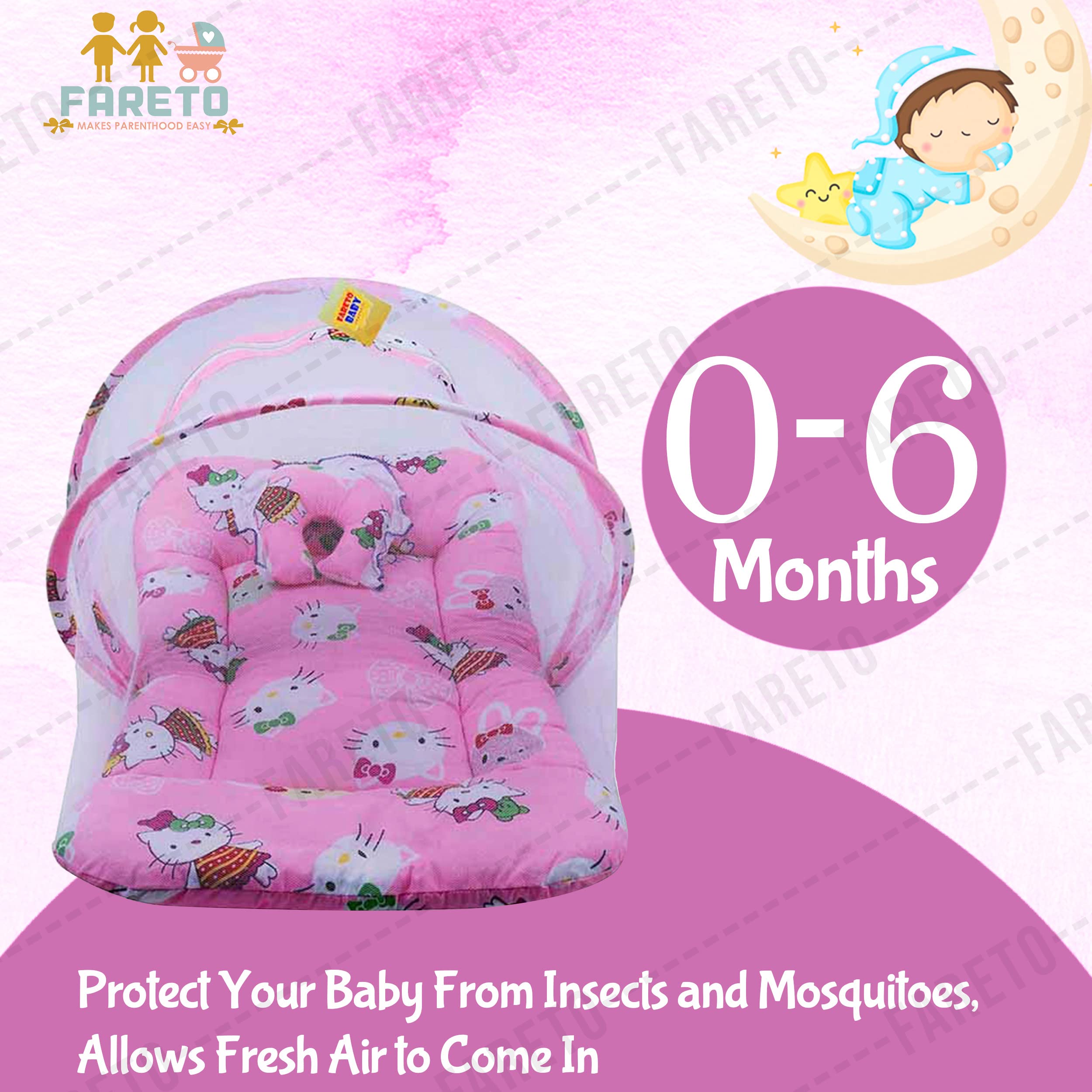 Fareto Born Baby Combo of 1 Mosquito Net Bed and 4 Plastic Changing Diapers Mat/Massage Mat/Protection Mat(0-6 Months)(Pink Teddy) - Image 4 thumbnail