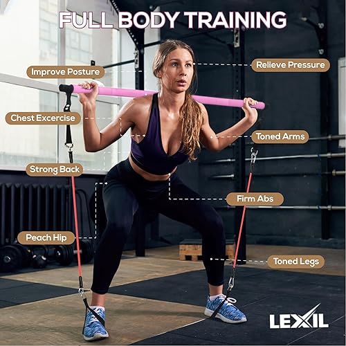 Miniatura 2 de Kit de ejercicios de barra de pilates portátil, apilable, 3 pares de bandas de resistencia (15, 20, 30 libras), equipo de gimnasio en casa para