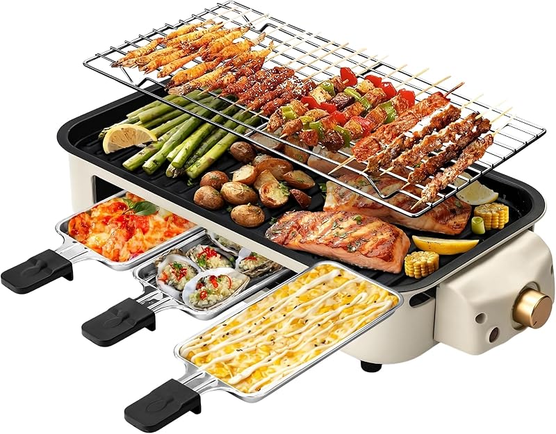 Placa de cocción antiadherente con parrilla interior eléctrica 2 en 1, beige BQR1502B | Plancha de barbacoa coreana sin humo de 1500W con 3 sartenes para queso raclette, control de temperatura ajustable, apta para lavavajillas