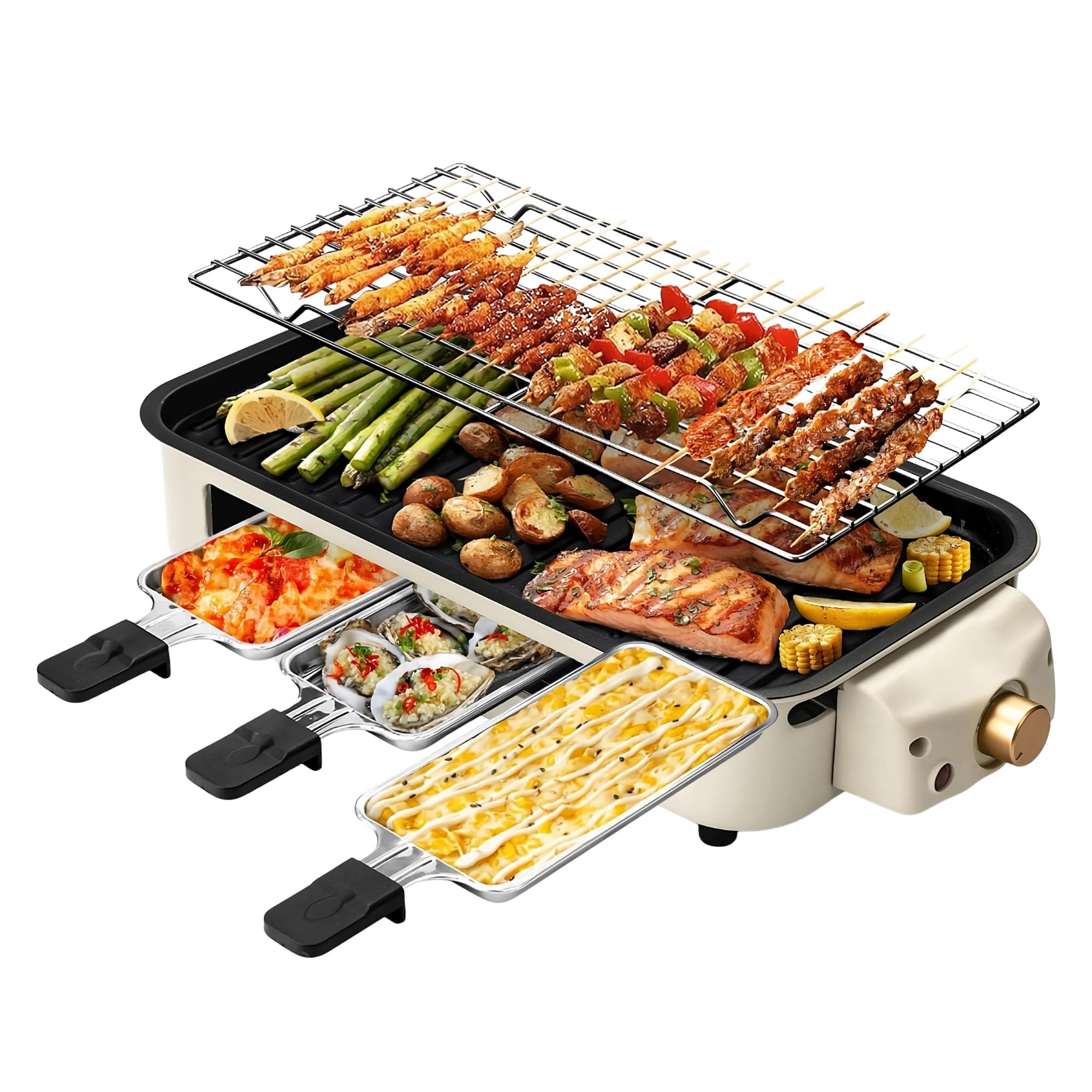 OVENTE BQR1502B 2 in 1 Electric Indoor Grill 1500W Smokeless Grill with Non-Stick Removable Cooktop 3 Raclette Cheese Pans Adjustable Temperature Control Fit for-image-48