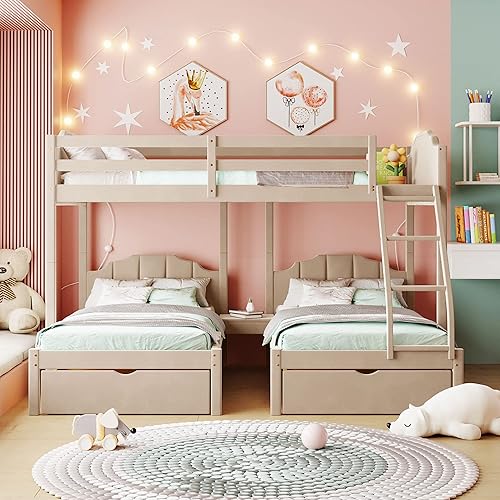 Miniatura 4 de DEINPPA Litera triple de terciopelo con cabecera tapizada litera matrimonial sobre individual y individual con 2 cajones para niños niñas