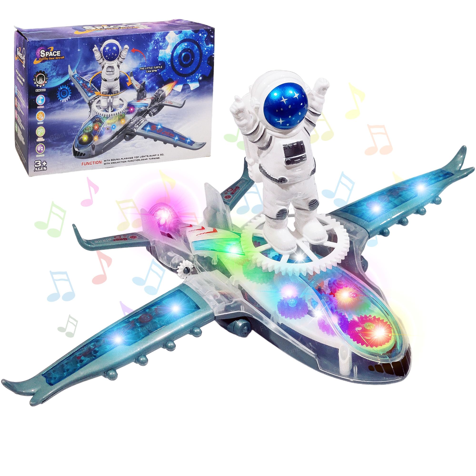 FunBlast Space Electric Gear Aircraft Toys for Kids - 360 Degree Rotating Bump & Go Aeroplan Toy for Kids with Light & Sound for 3+ Years Boys & Girls (Multicolor)