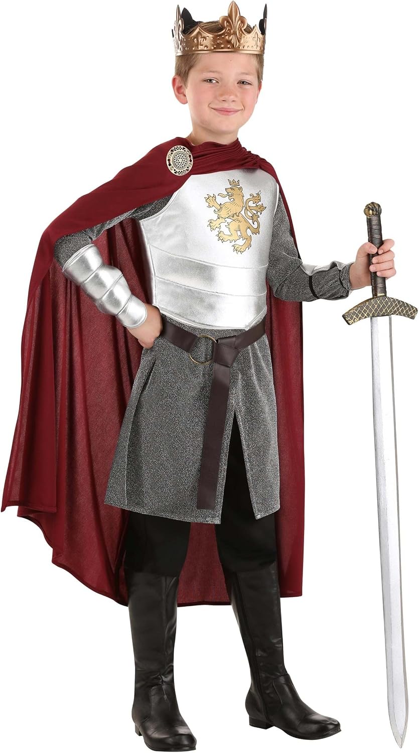 Kid's Knight Costume, Royal Knight Outfit, Lionheart Boys King Halloween Outfit with Red Cape and Crown