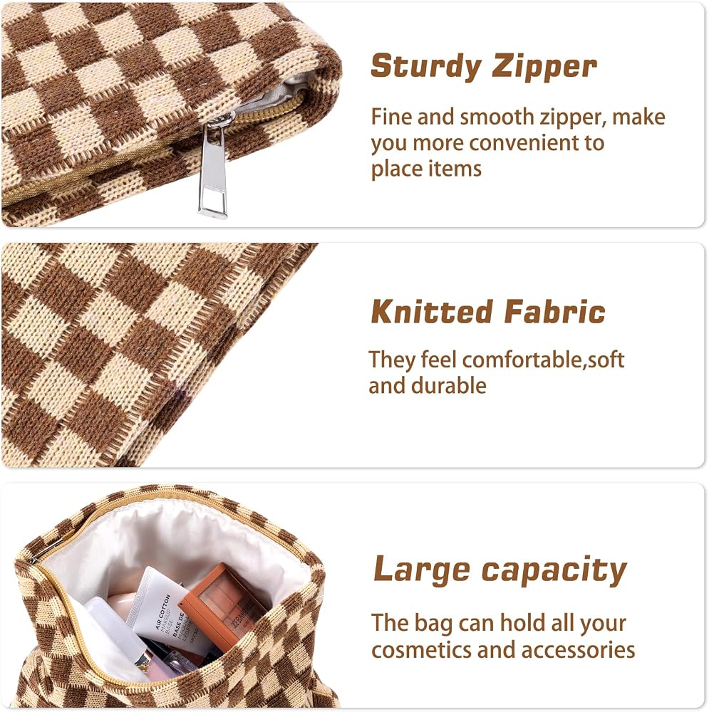 ZLFSRQ 2Pcs Checkered Makeup Bag for Women Large Small Checkered Cosmetic Bag Set Aesthetic Preppy Pencil Case Cute Pencil Pouch Brown Makeup Pouch for Purse Travel Toiletry Bags Zipper Skincare Bags