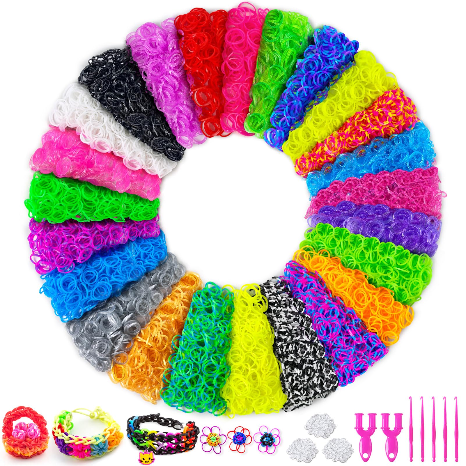 Heyzeibo 5100+ Gomas para Hacer Pulseras, Kit de Recambio de Pulseras de Goma de 24 Colores con 300S-Clpis, 5 Ganchos, 2Y-Frames, Kit para Hacer Telar que Brilla en la Oscuridad para Niños