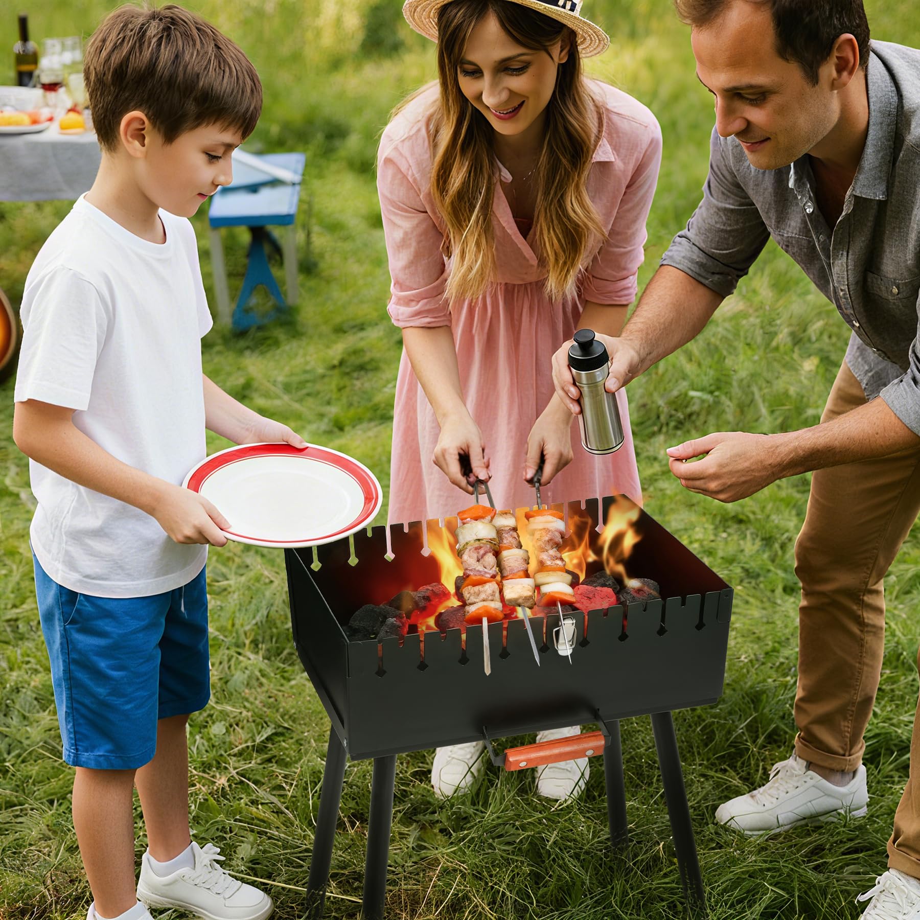 REDCAMP Mangal Grill shish kebab portatile a carbonella con 2 livelli di altezza per 16 spiedini (lento/affilati), pieghevole per esterni, per campeggio, giardino, picnic, viaggi