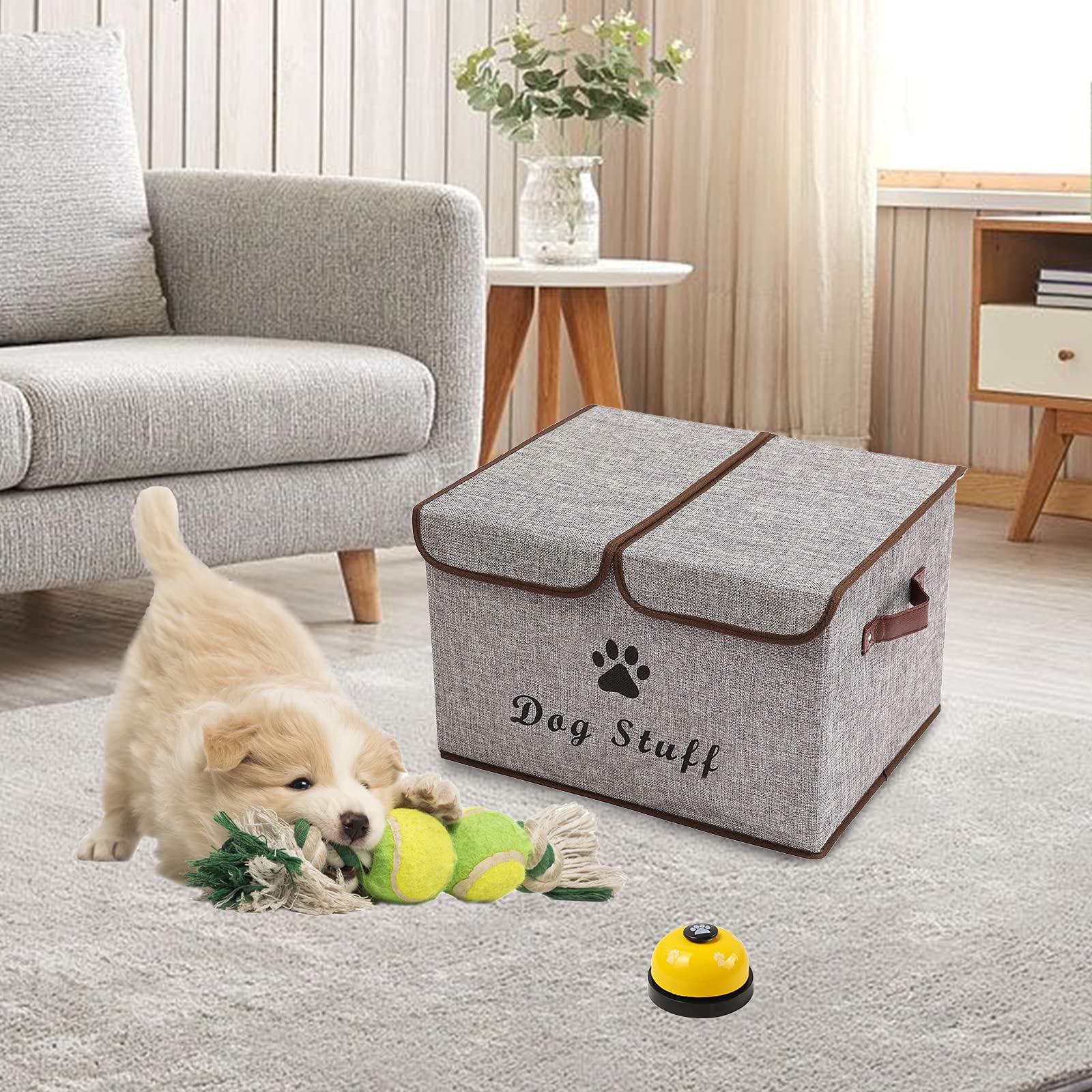 Pethiy Große Leinenstoff Aufbewahrungsbox mit deckel für Hunde Zubehör-Faltbare Doppelgitter Aufbewahrungskorb mit Griffen,für hundespielzeug Hundebekleidung-43 x 31 x 26 cm (Grau)