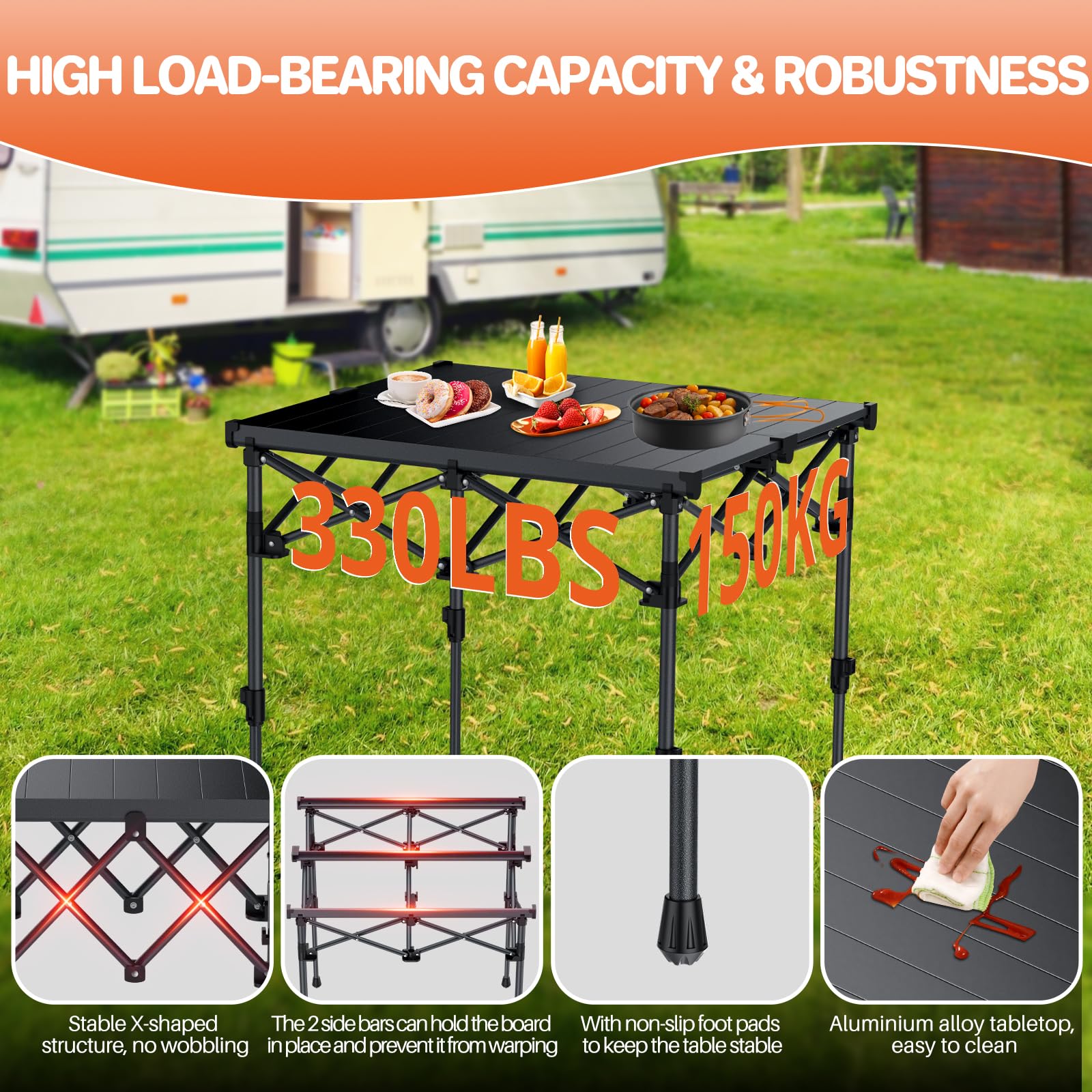 FUNYKICH Tavolo da Campeggio Pieghevole, Altezza Regolabile 2 Posizioni (44/70 cm), Tavolo da Picnic per Barbecue,Struttura in Acciaio X Resistente, Tavolo per Griglia, per Giardino, 67x58 cm, Nero