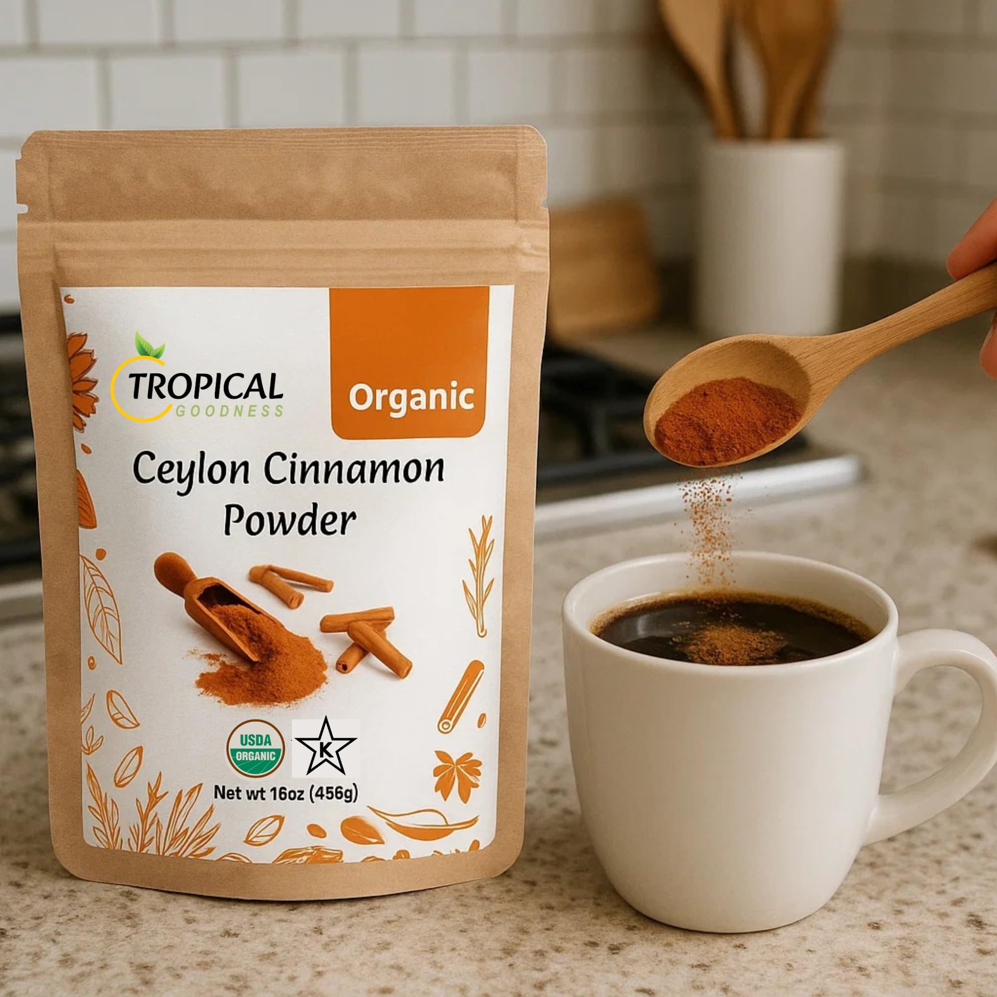 Tropical Goodness Ceylon Cinnamon Powder Organic 16oz/1lb, Authentic Tropical Flavour, USDA & Kosher Certified, Non-GMO, Gluten-Free