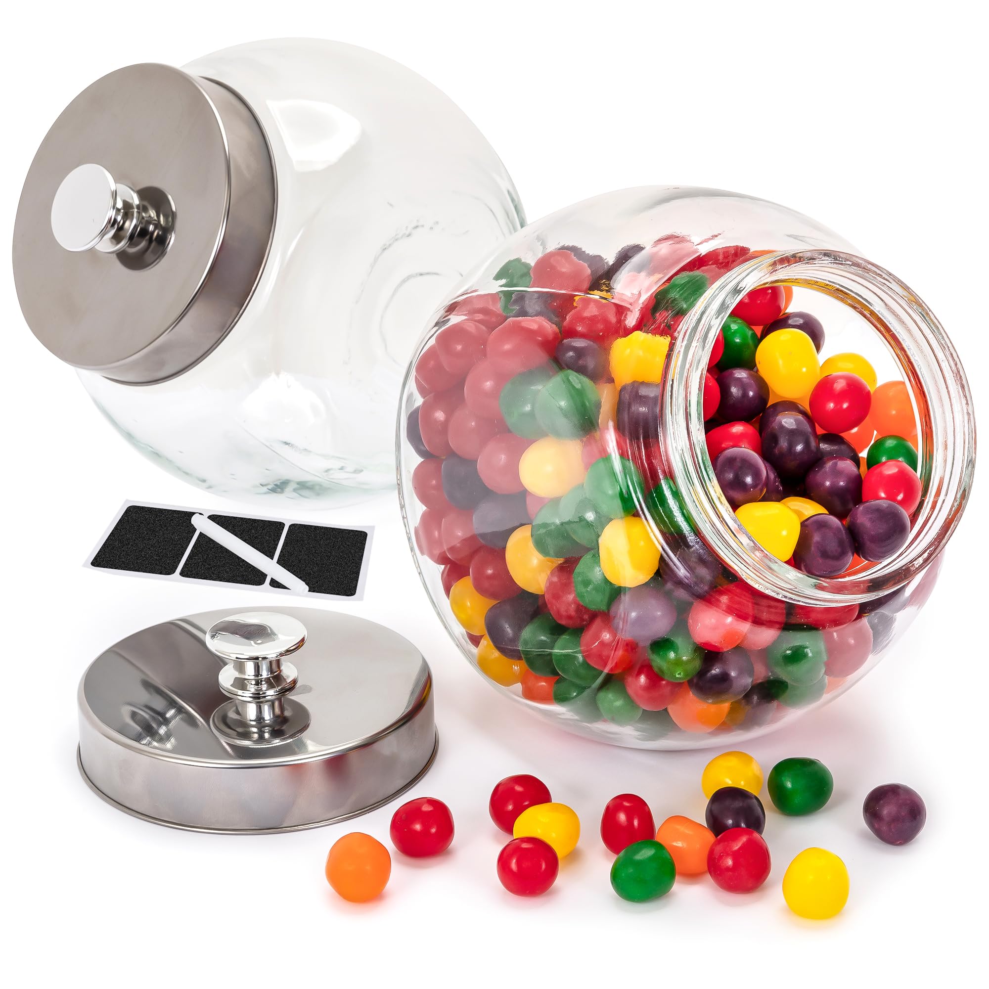 Set of 2 Large Glass Cookie Jars for Kitchen Counter + Marker & Labels - 1 Gallon Food Storage Canisters with Airtight Lids, Coin & Penny Jar for Candy Buffet, Coffee, Laundry Detergent Holder.