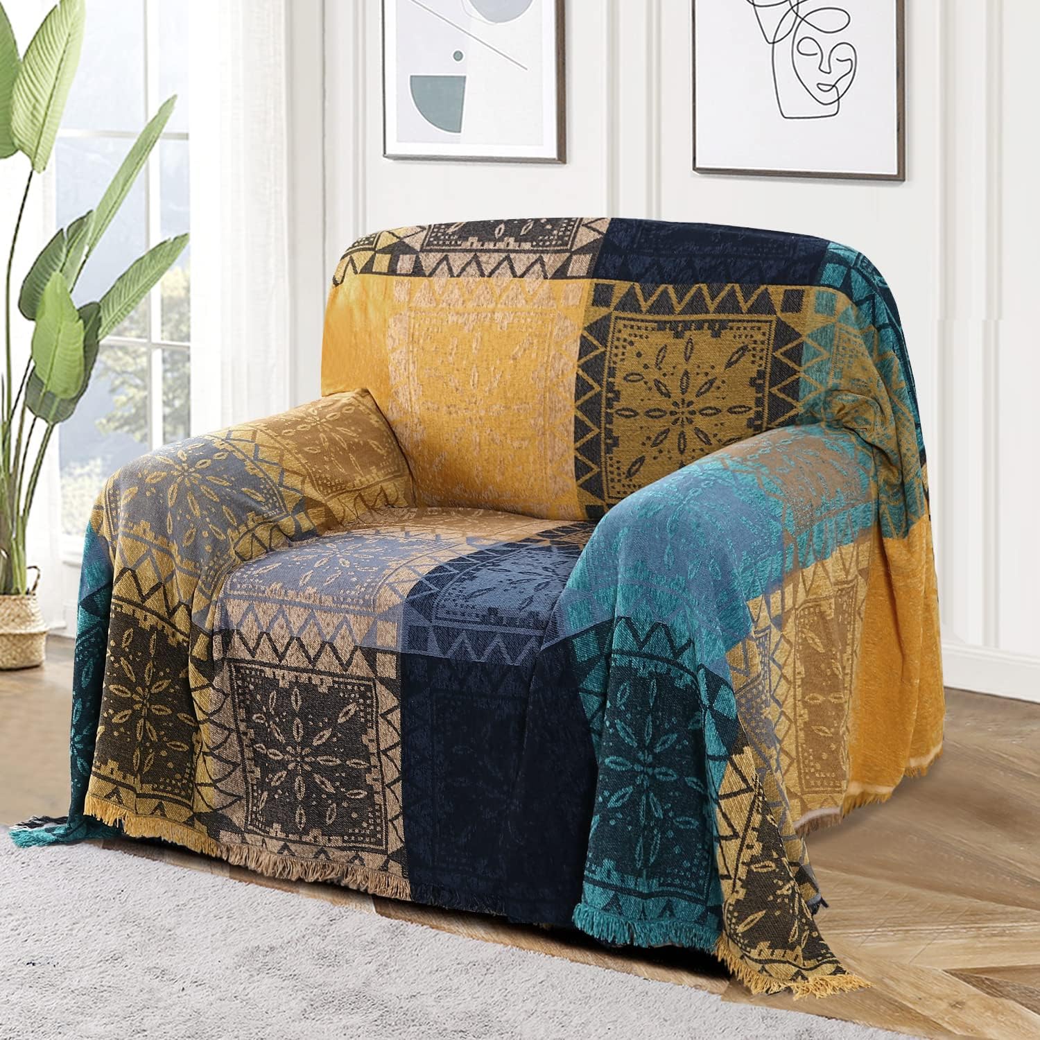 Turquoize Boho Couch Cover Bohemian Cotton Sofa Cover Sofa