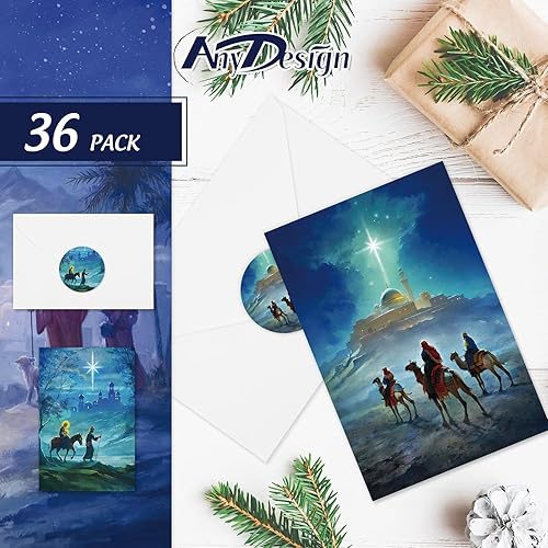 Miniatura 3 de Paquete de 36 tarjetas de felicitación de Navidad, tarjetas de felicitación de noche santa con sobres, calcomanías, tarjetas en blanco para