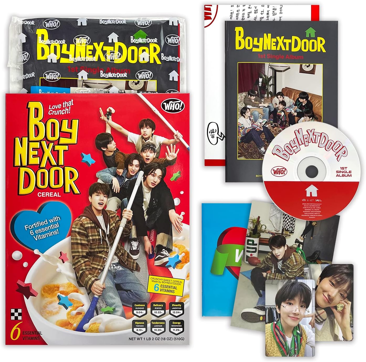 BOYNEXTDOOR - 1ST SINGLE ALBUM [WHO!] (CRUNCH Ver.) Out Box + Photo Book + CD-R + Photocard + Postcard + Sitcker Book + Folded Poster + 3 Extra Photocards