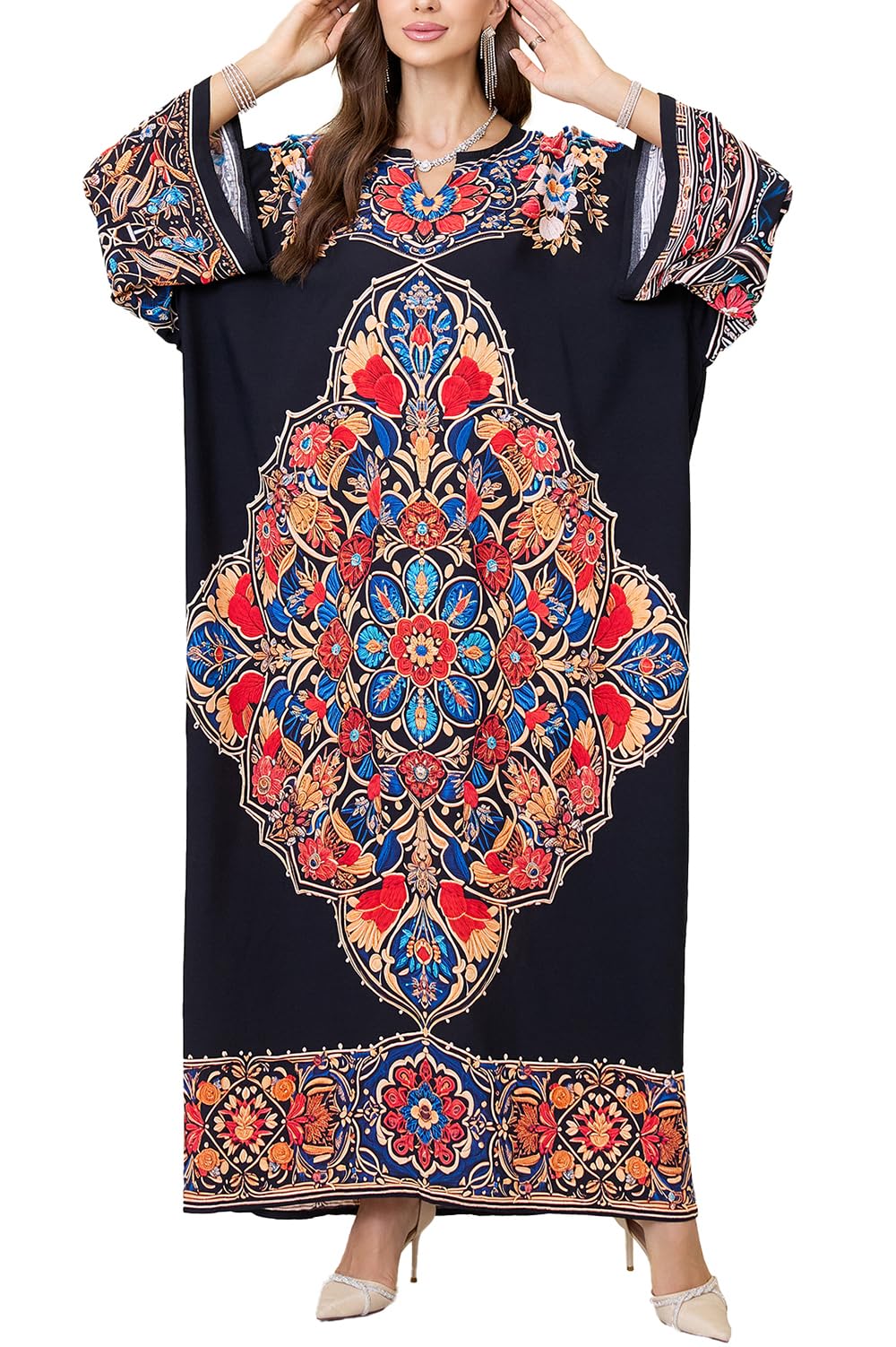 Kawai Peach Women's Black L-Peach Summer Long Ethnic Print Beach Dress Kimono Maxi Kaftan Cover Ups