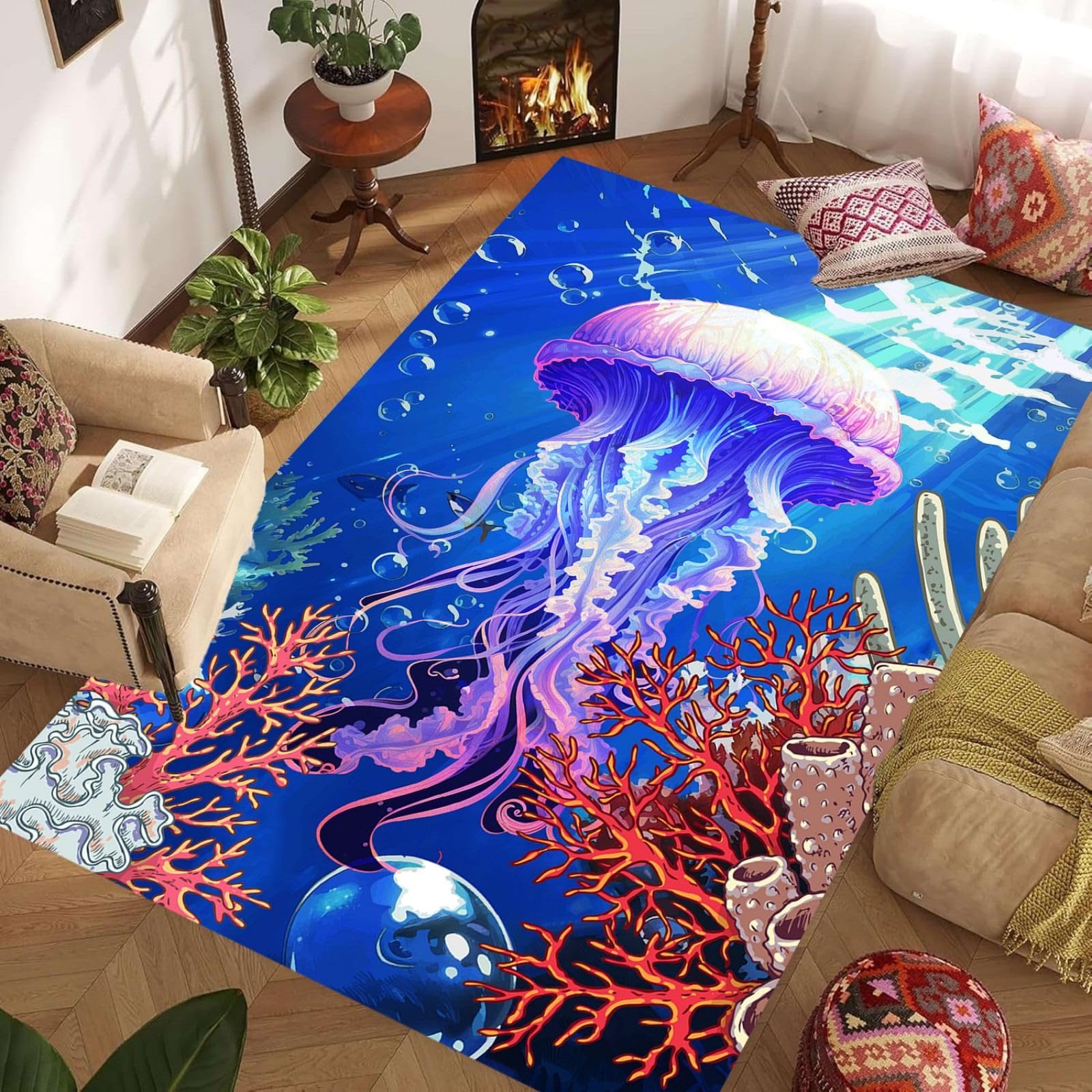 ZLXMN Deep Sea Jellyfish Area Rug,60x90cm, Blue Ocean Underwater World Living Room Rugs Marine Animals Printed Rubber Backed Floor Mats for Playroom Pet-Friendly Non-Slip Carpet