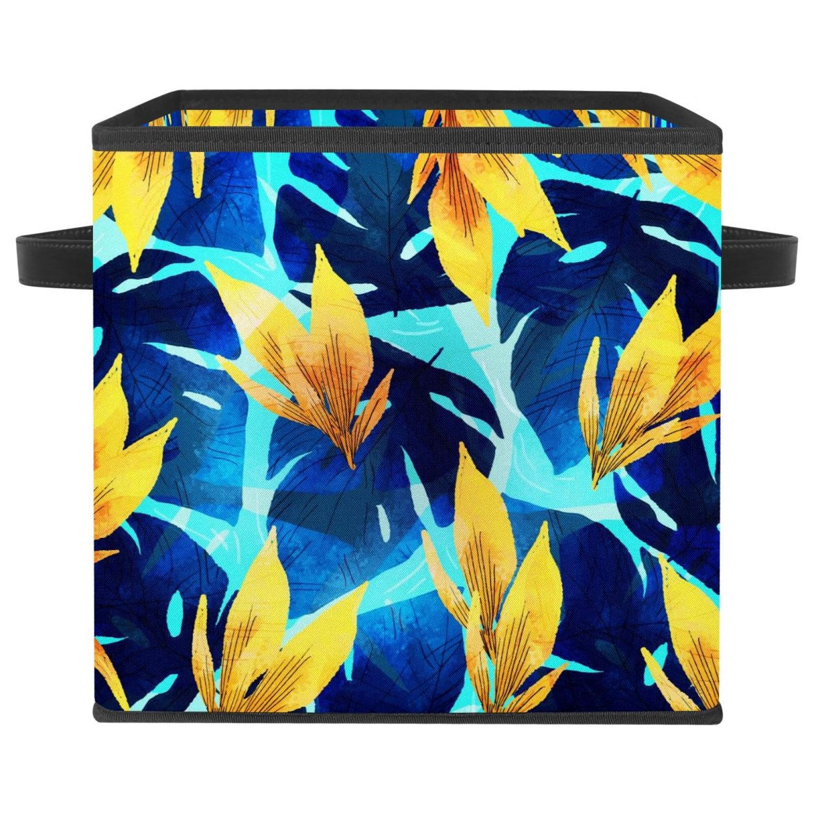 Boîte de rangement pliable en tissu avec poignées motif feuille bleue