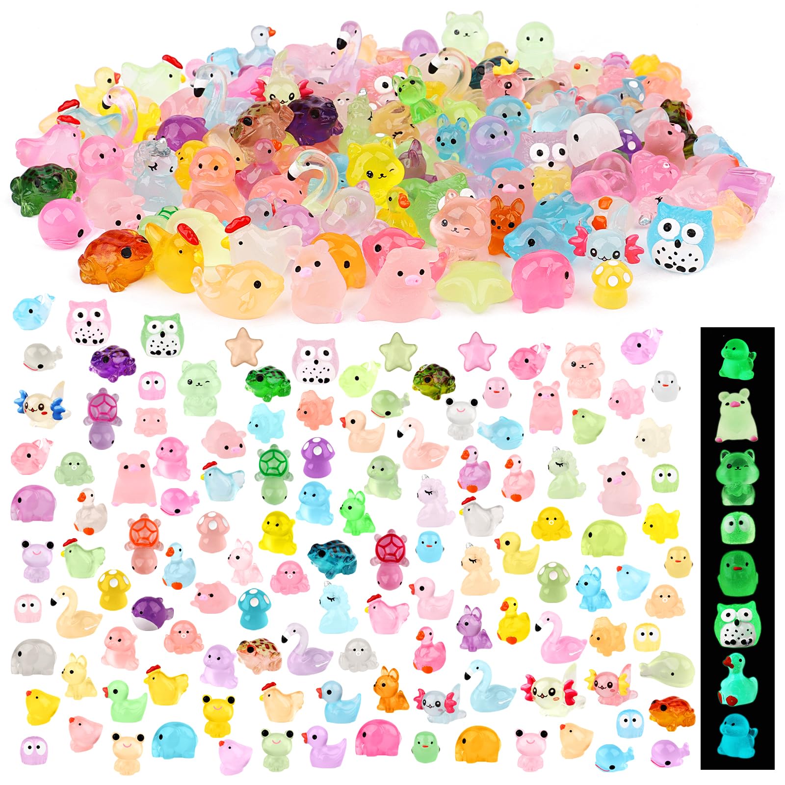 Kklolai Multicolor 144 Pcs Mini Luminous Resin Animals Tiny Glow In The Dark Ocean Animal Duck Dolphin Duck Turtle Mushroom Frog Miniature Figures Bulk For Garden Micro Landscape Aquarium Dollhouse Ornaments