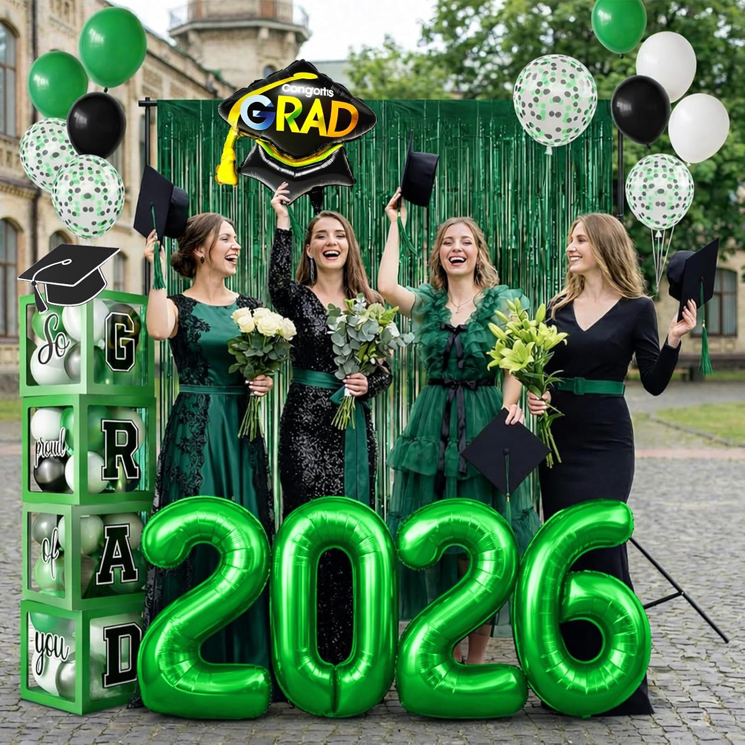 Graduation Party Decorations Green,77PCS Grad Party Supplies Includes 2026 Letter Balloon Green Block Boxes Foil Fringe Curtain White Black green Balloons Kit for Prom Class of 2026 Graduations