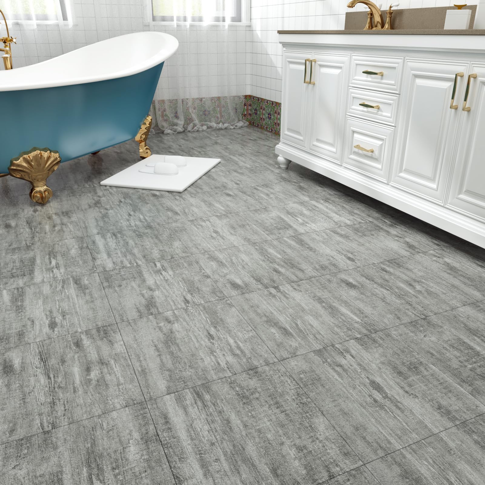 Pickling Peel & Stick Floor Tiles, Wood-Look Vinyl, 10-Pack 12x12 Inch, Water Resistant, No Grout Needed