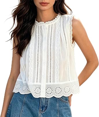 Women Boho Lace Tank Top Cottagecore Eyelet Button Down Shirts Flowy Peplum Babydoll Crop Tops
