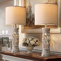 BOBOMOMO 27.25” Rustic Farmhouse Table Lamps Set of 2 - Vintage Bedside Lamps with Night Light, USB A+C Ports, Bulbs Included for Bedroom Living Room