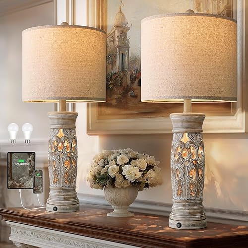 BOBOMOMO Juego de 2 lámparas de mesa rústicas de 27.25 pulgadas, lámparas de noche vintage con luz nocturna y puertos USB A+C, lámparas retro para