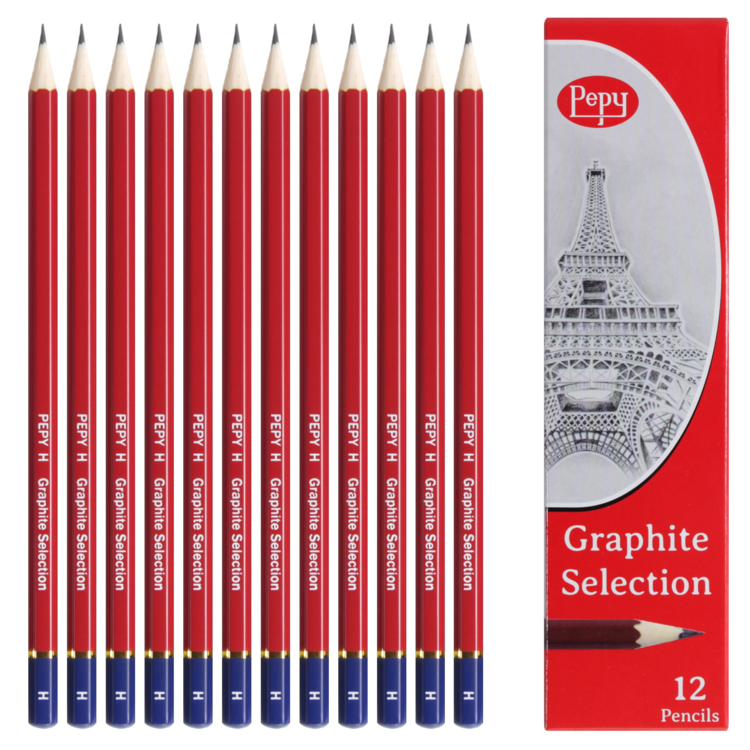 Pepy Graphite Professional Drawing Pencils - Set of 12 H Pre-Sharpened Black Lead Pencils; Perfect for Drawing, Sketching and Shading, Graphic and Fine Art