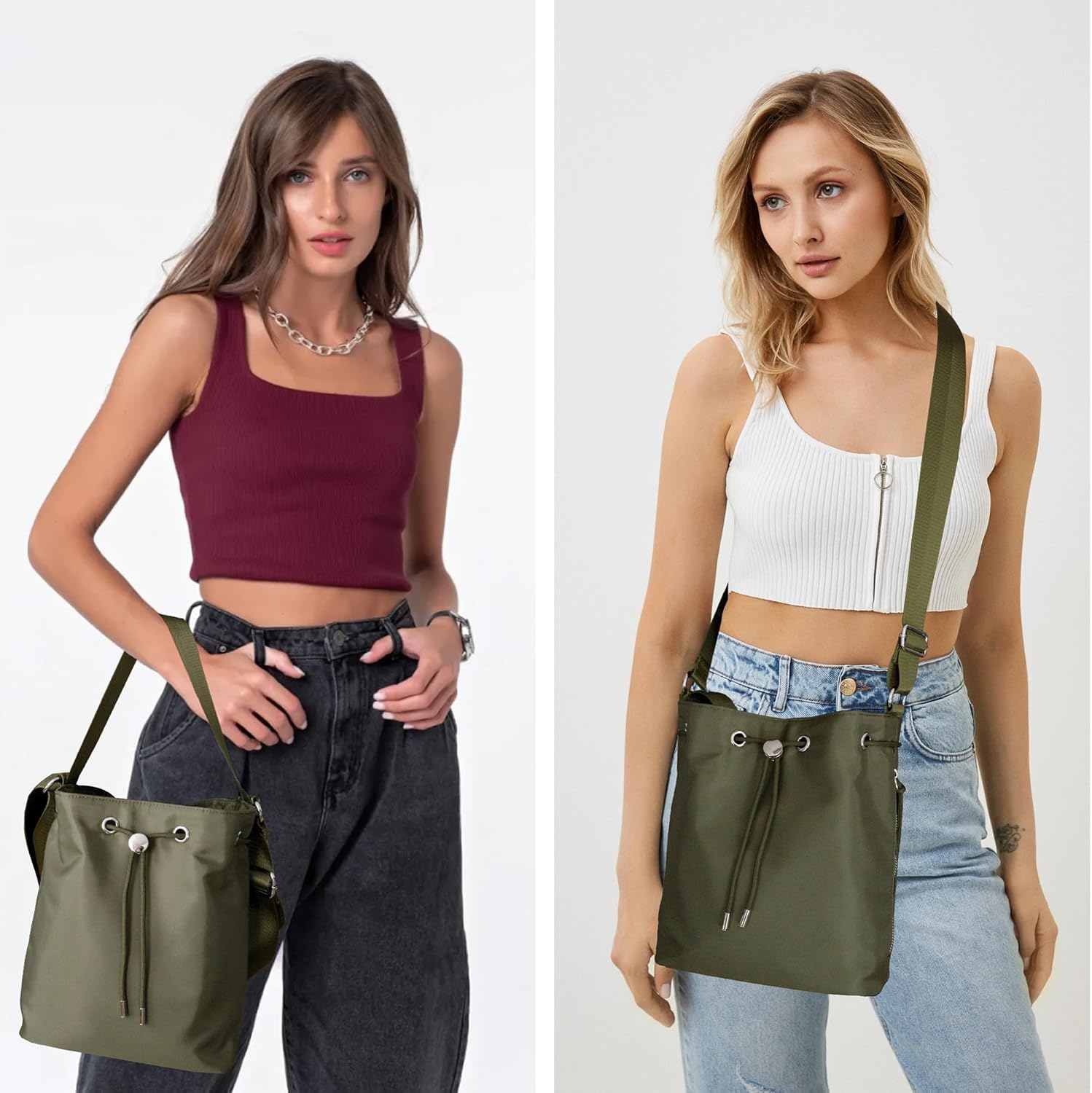 ORAD Waterproof Nylon Drawstring Bucket Crossbody Bag, Lightweight Casual Handbag for Women